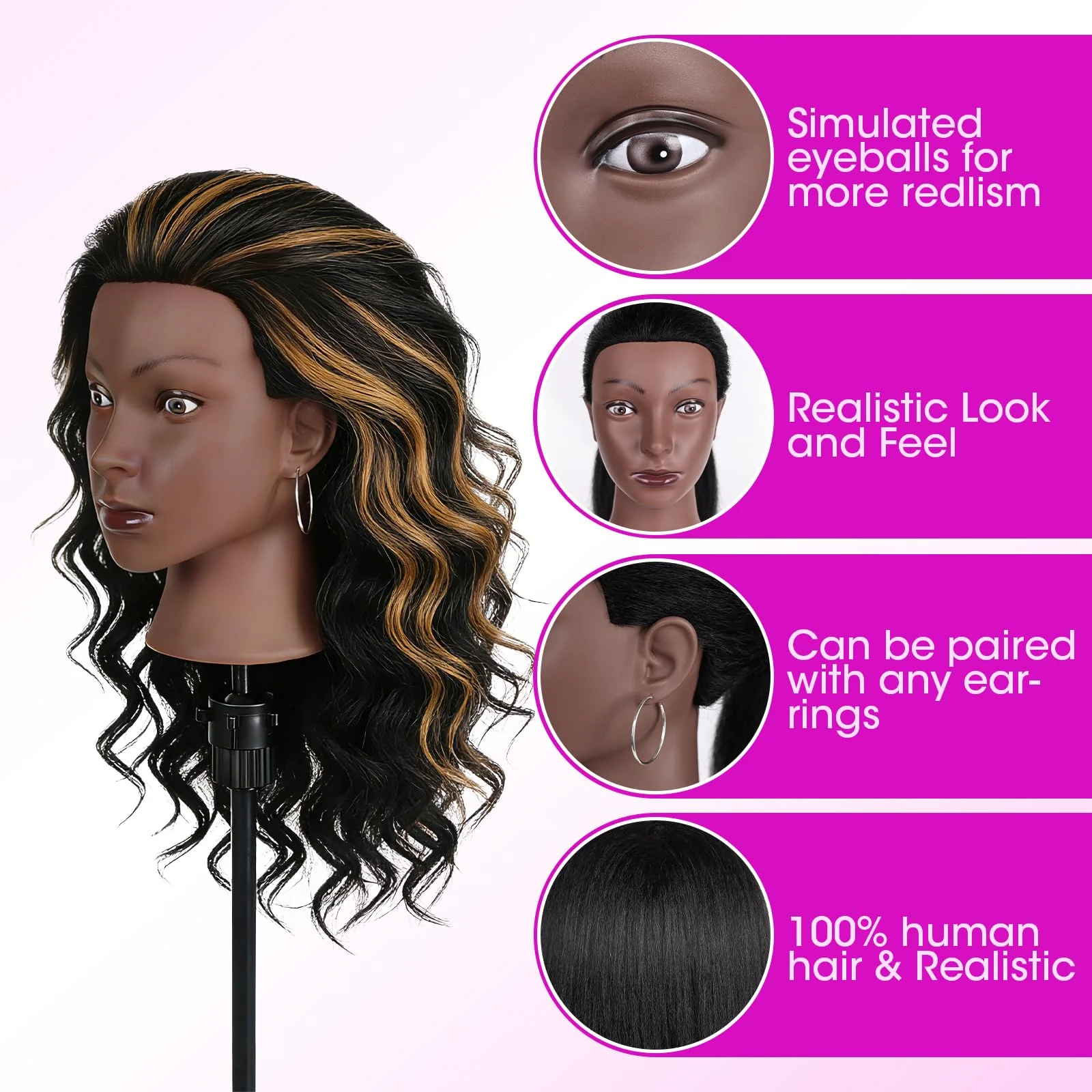 100% Real Hair Mannequin Head,22''Human Hair Mannequin Cosmetology Manikin Doll Head Hair Styling Hairdressing Practice Training Head with Clamp Holder and Tools（Black） - Image 3