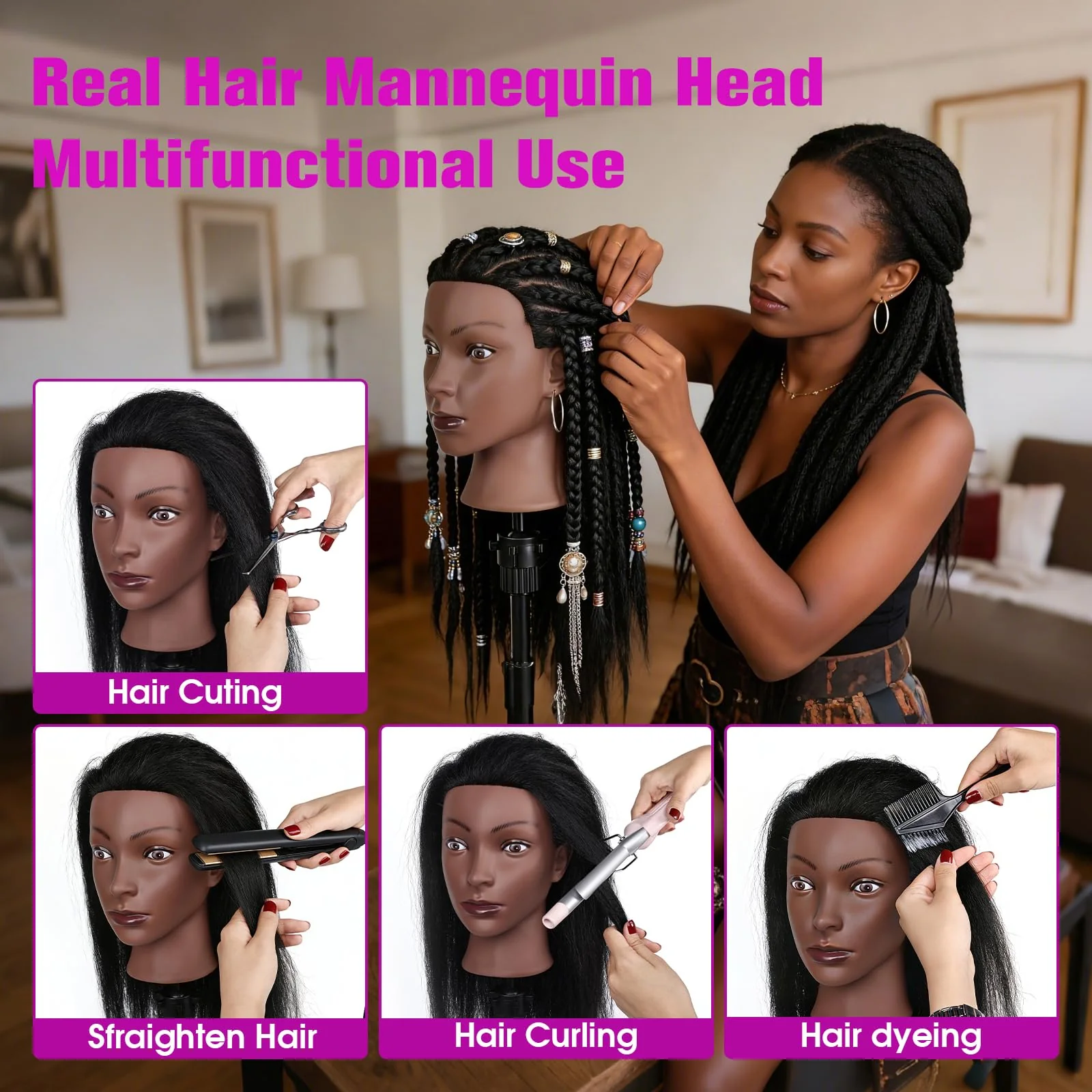 100% Real Hair Mannequin Head,22''Human Hair Mannequin Cosmetology Manikin Doll Head Hair Styling Hairdressing Practice Training Head with Clamp Holder and Tools（Black） - Image 4