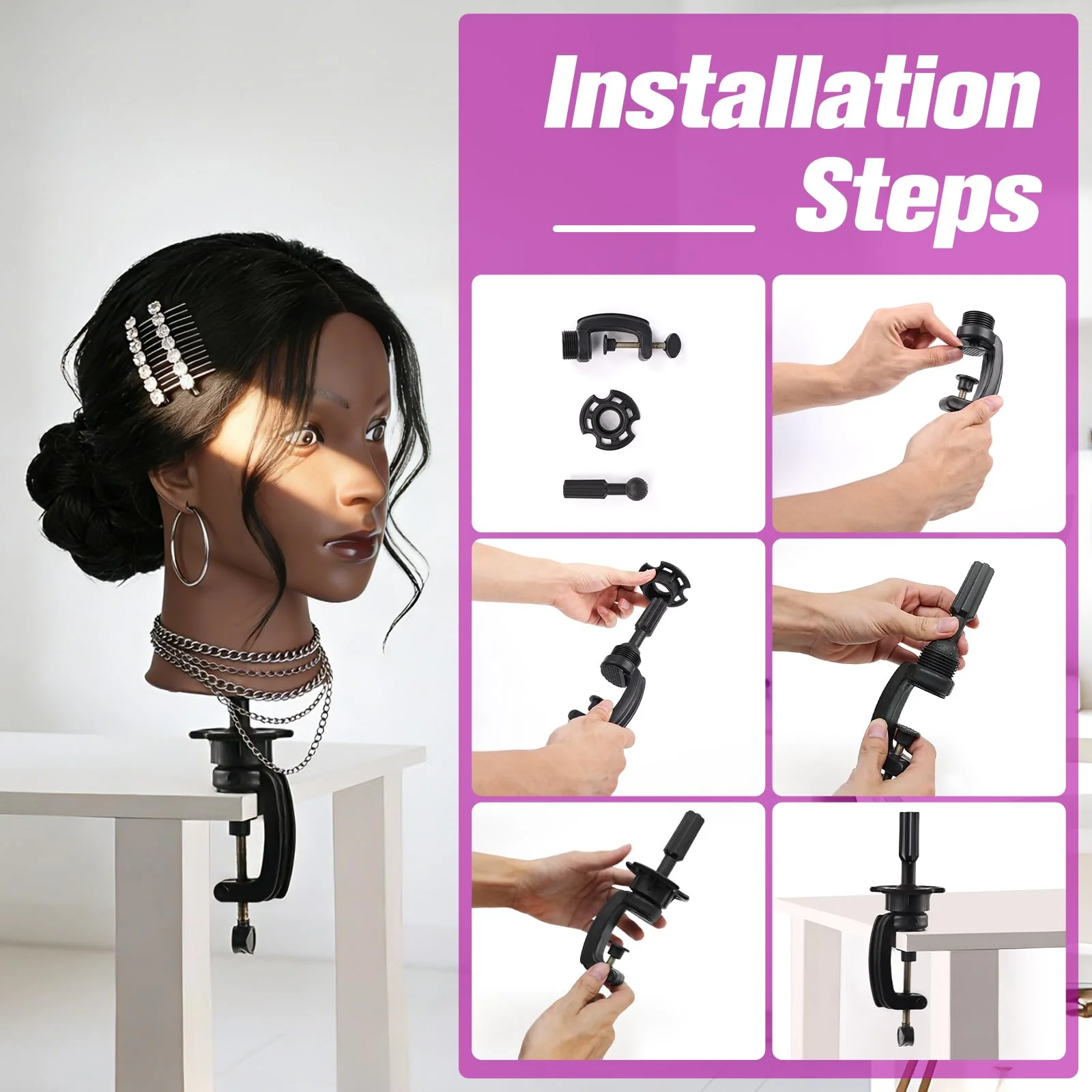100% Real Hair Mannequin Head,22''Human Hair Mannequin Cosmetology Manikin Doll Head Hair Styling Hairdressing Practice Training Head with Clamp Holder and Tools（Black） - Image 7
