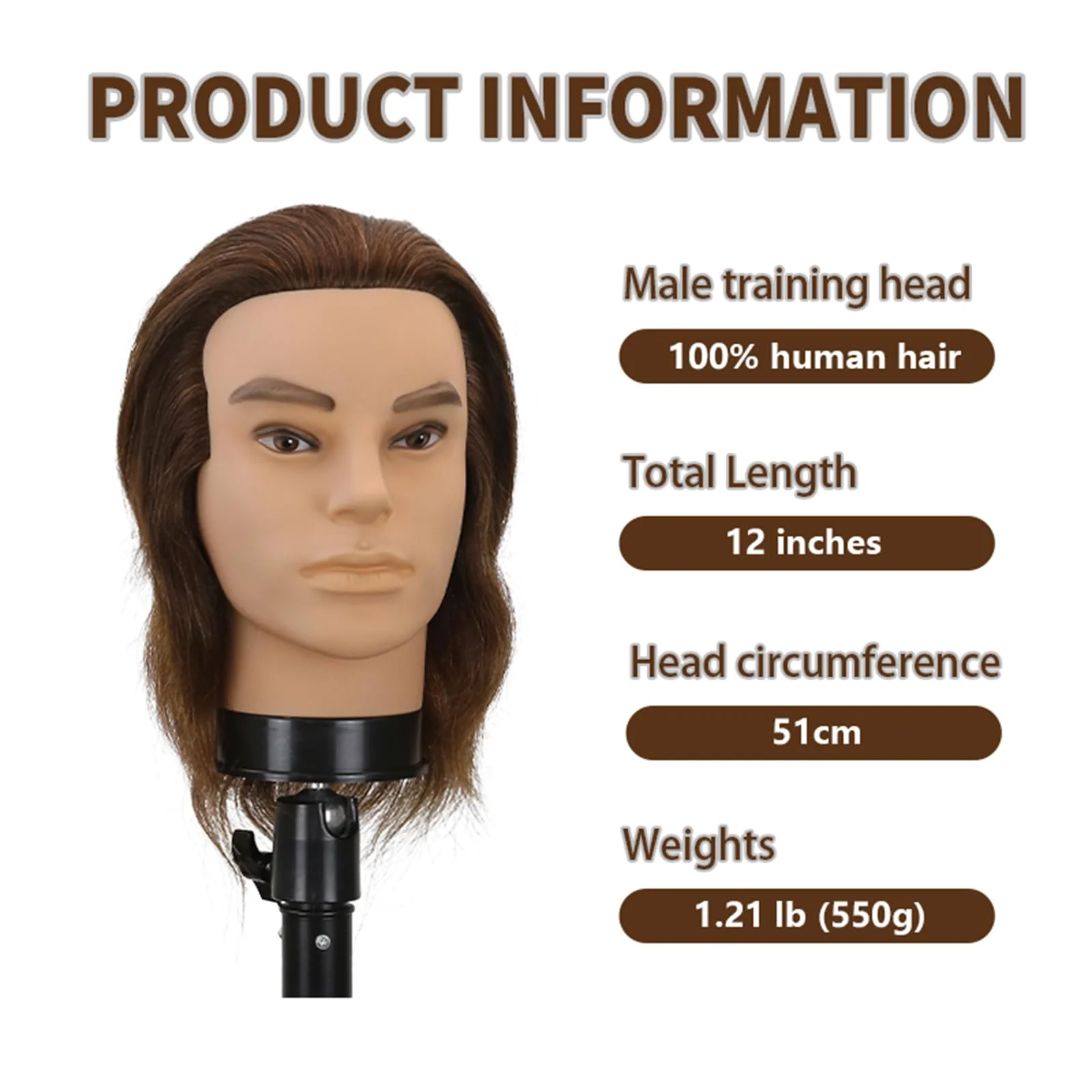 12" Barber Mannequin Head Male 100% Real Hair Mannequin Head with Human Hair Styling Practice Doll Head for Practicing Haircut & Hairdresser Manikin Doll Head With Free Clamp Stand(Without beard4#) - Image 3