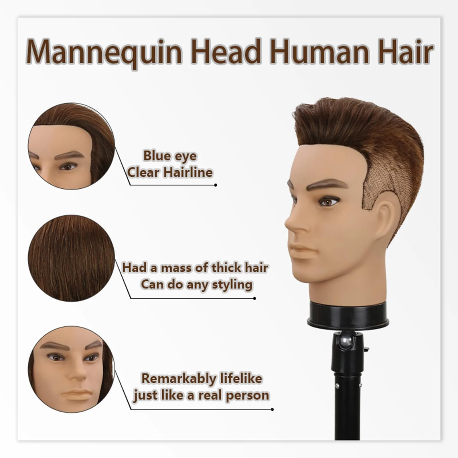 12" Barber Mannequin Head Male 100% Real Hair Mannequin Head with Human Hair Styling Practice Doll Head for Practicing Haircut & Hairdresser Manikin Doll Head With Free Clamp Stand(Without beard4#) - Image 4