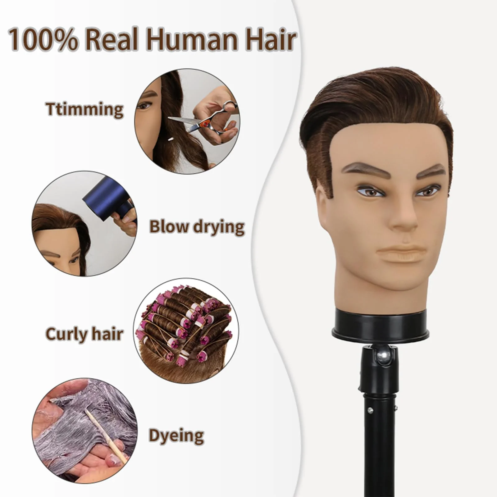 12" Barber Mannequin Head Male 100% Real Hair Mannequin Head with Human Hair Styling Practice Doll Head for Practicing Haircut & Hairdresser Manikin Doll Head With Free Clamp Stand(Without beard4#) - Image 5