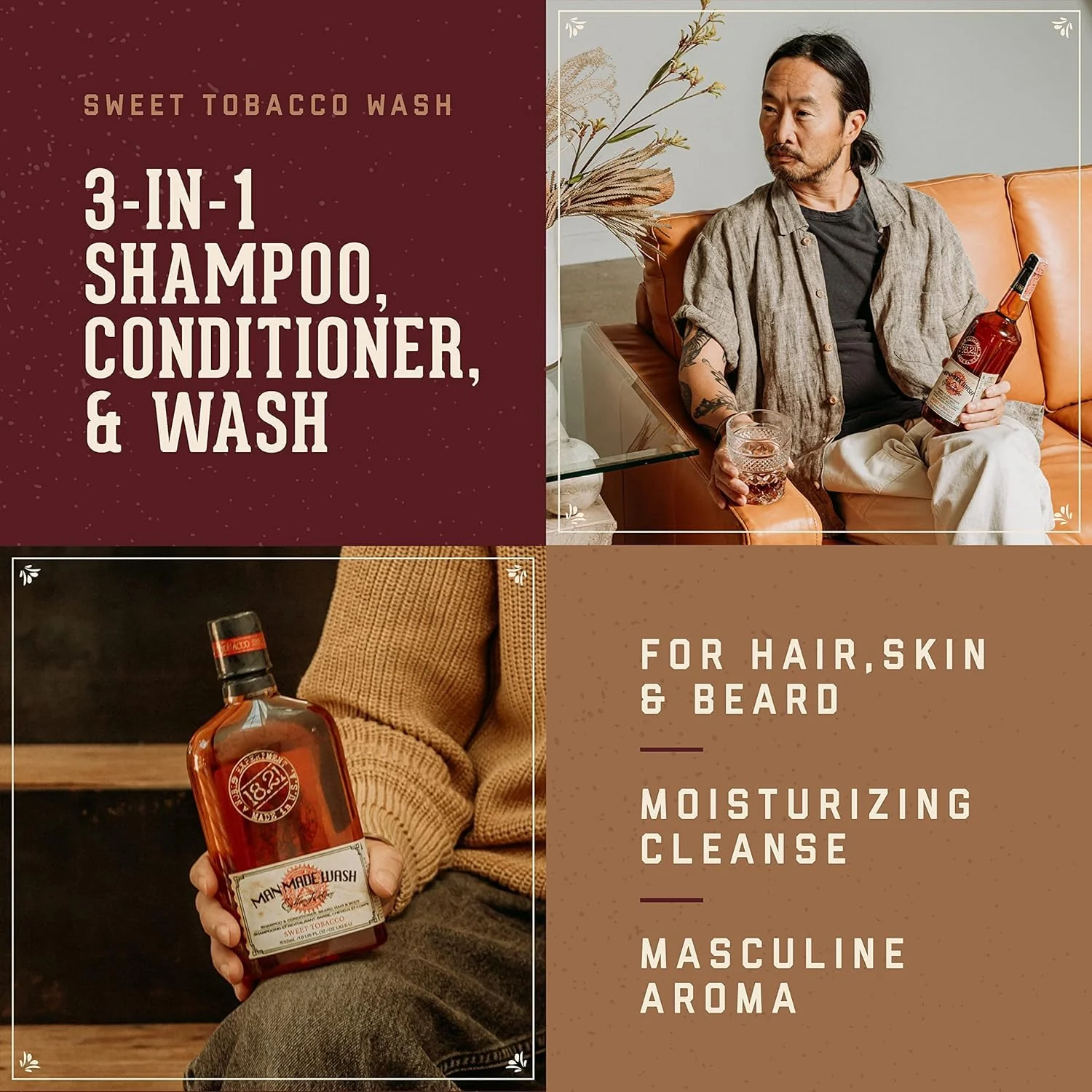 18.21 Man Made Absolute Mahogany Wash & Spiced Vanilla 3-in-1, 18 oz Wash 2-Set Bundle, All Hair & Skin Types for Men, Strengthens and Moisturizes in a Manly Aroma - Image 2