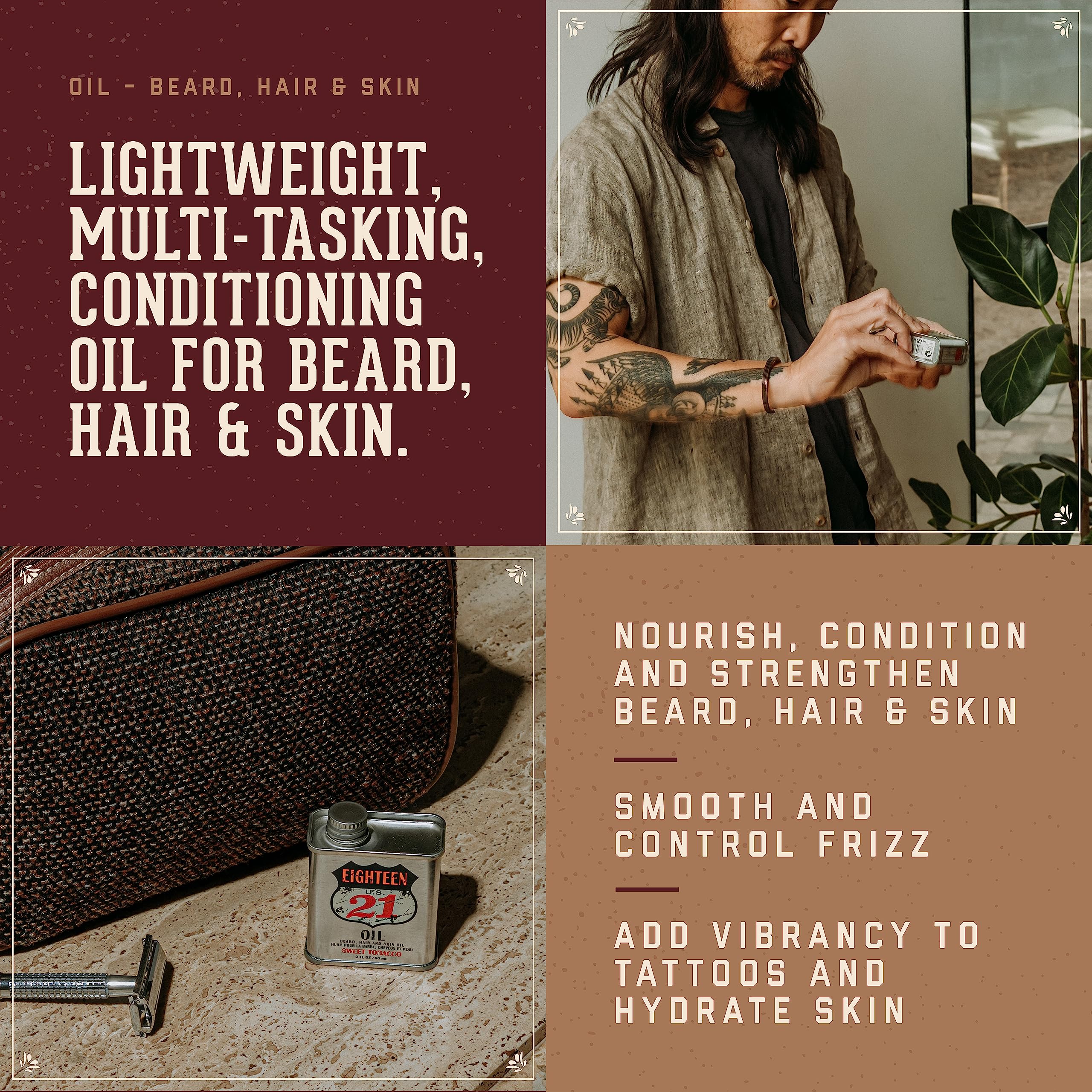 18.21 Man Made Hair, Skin & Beard Oil for Men Sweet Tobacco Scent - Non-Greasy, Conditioning Balm with Castor Seed, Jojoba, and Argan Oils - Premium Tattoo and Mustache Care Products 2oz - Image 2