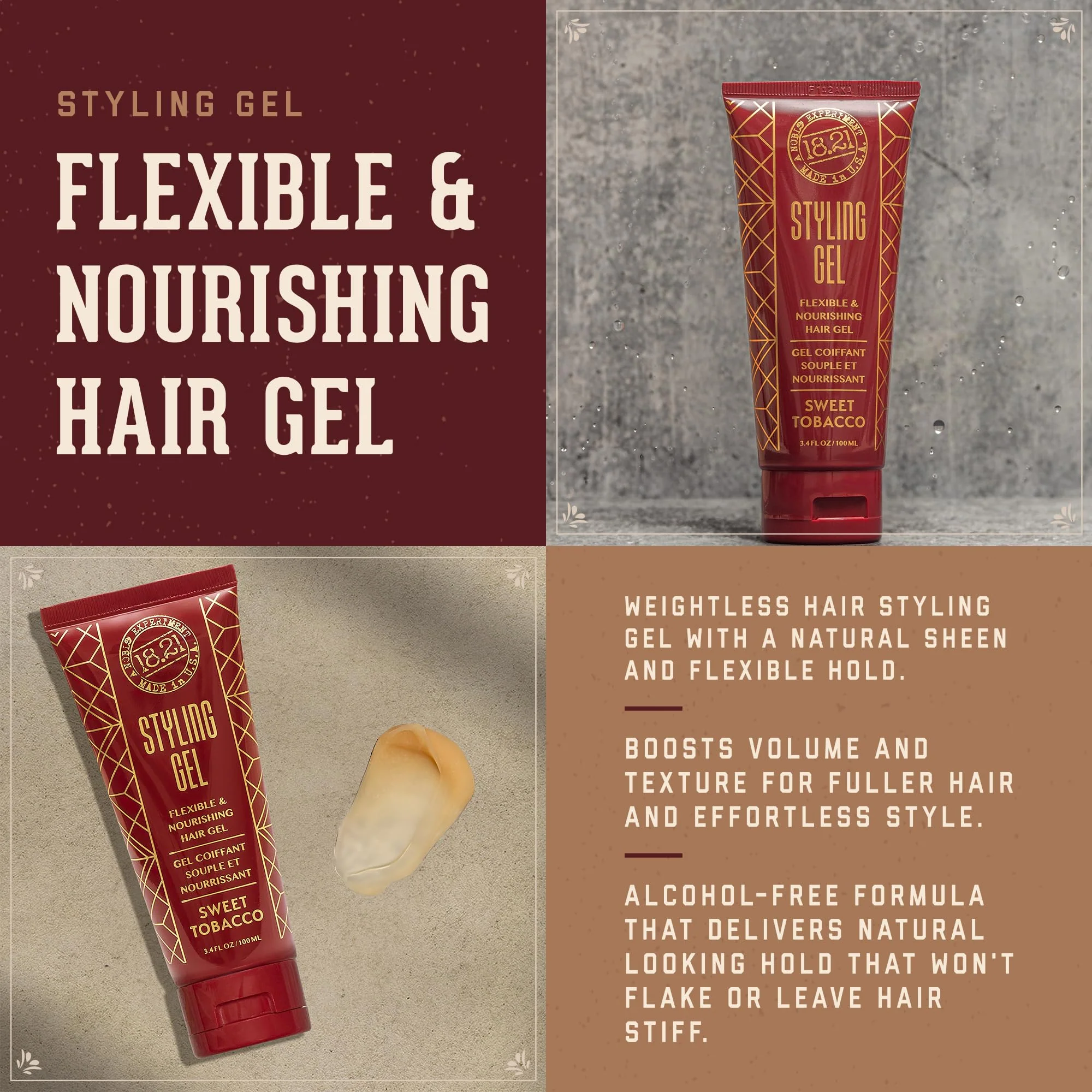 18.21 Man Made Hair Styling Gel for Men, Weightless All-Day Flexible Hold, 3oz. Original Sweet Tobacco Scent - Image 2