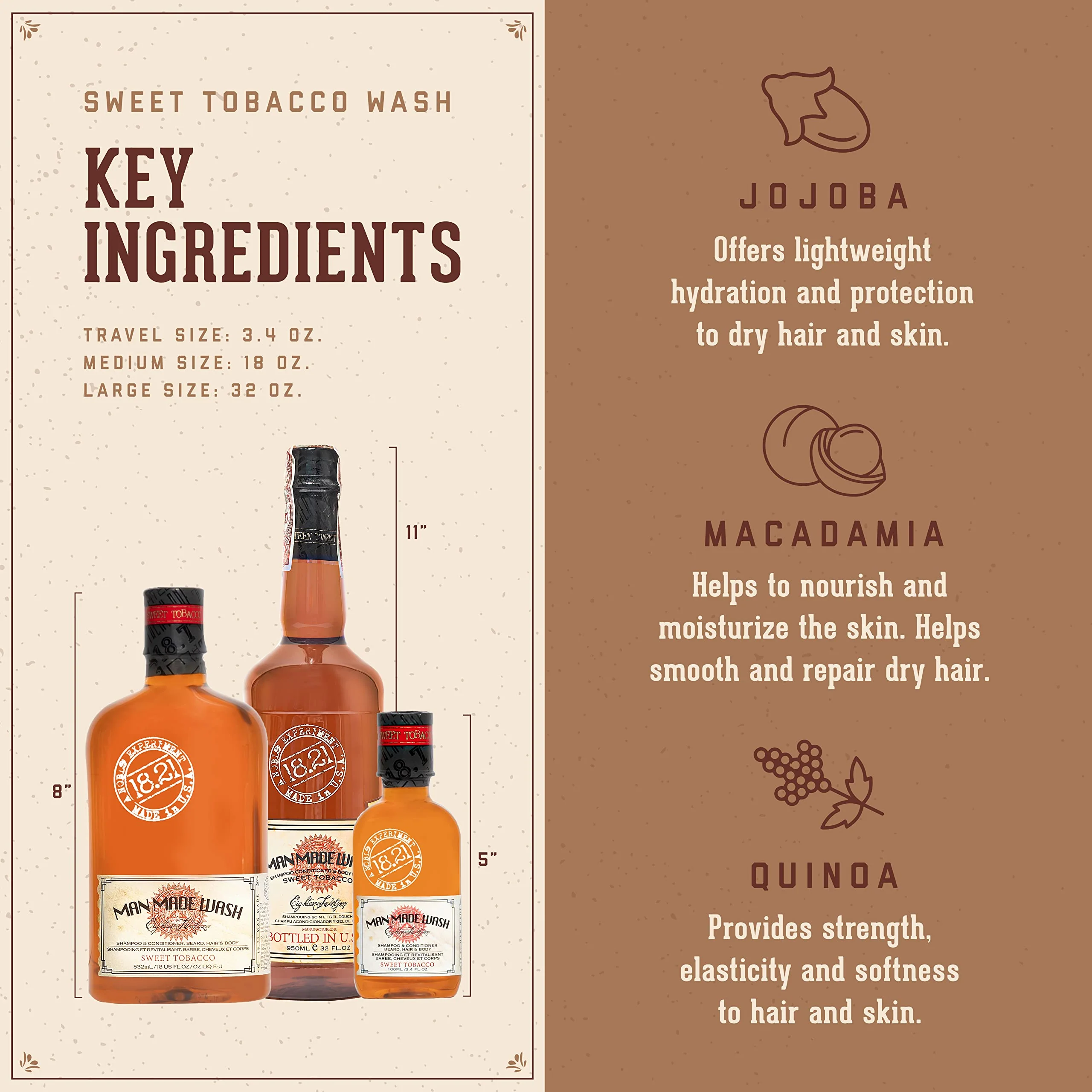 18.21 Man Made Man Sweet Tobacco & Noble Oud 3-in-1, 18 Oz Wash 2-Set Bundle, All Hair & Skin Types for Men, Strengthens and Moisturizes in a Manly Aroma - Image 3
