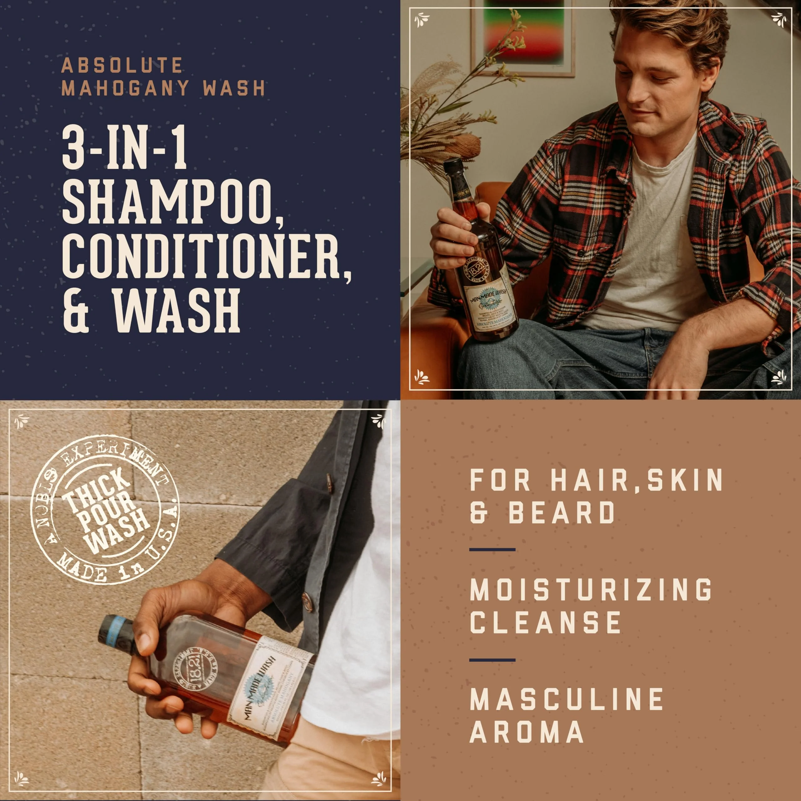 18.21 Man Made Original Absolute Mahogany 3-in-1 Body Wash, Shampoo, & Conditioner for Men, All Hair & Skin Types, Strengthens and Moisturizes in a Manly Aroma, 3.4oz - Image 3