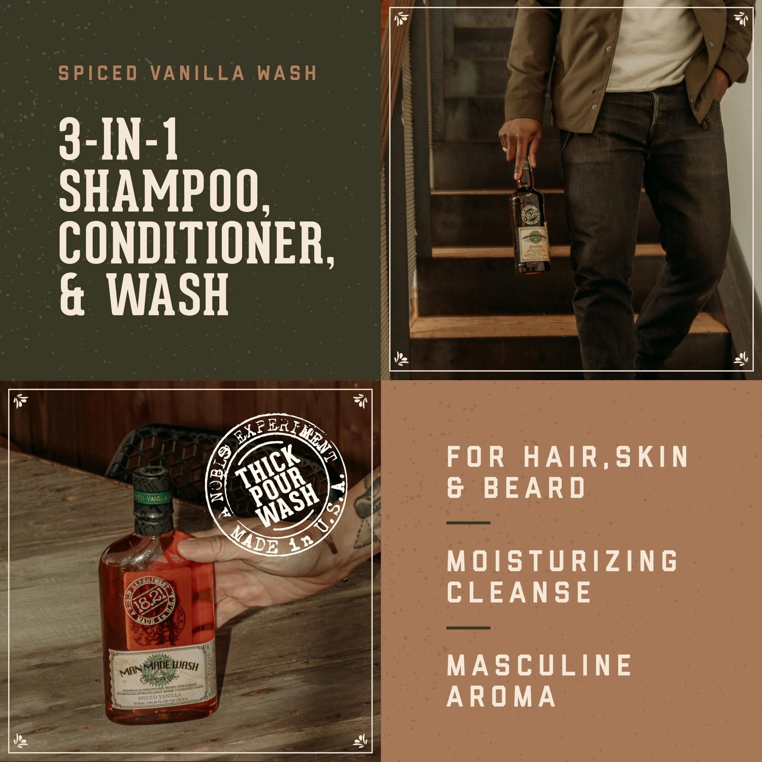 18.21 Man Made Original Spiced Vanilla 3-in-1 Body Wash, Shampoo, & Conditioner for Men, All Hair & Skin Types, Strengthens and Moisturizes in a Manly Aroma, 32oz - Image 3