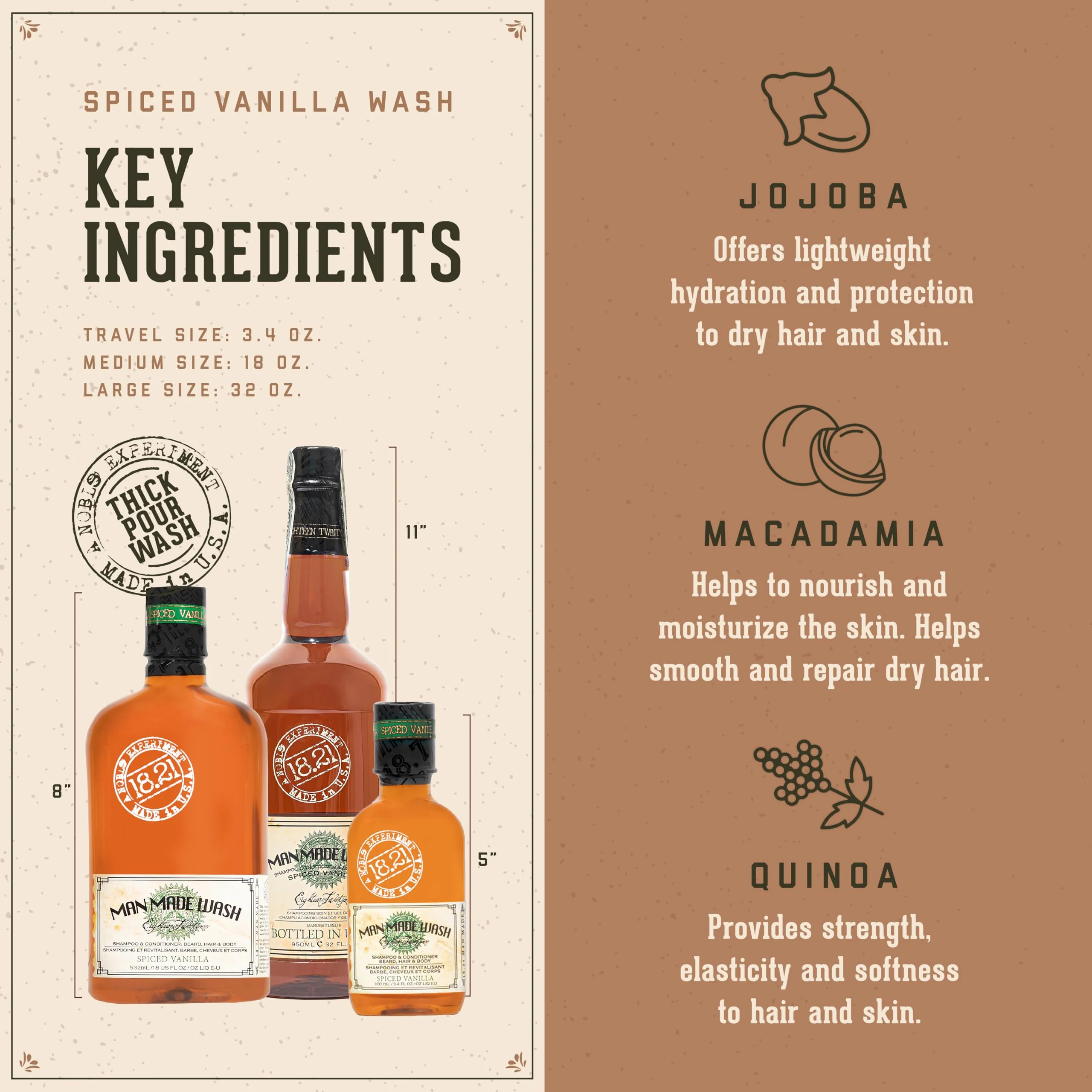 18.21 Man Made Original Spiced Vanilla 3-in-1 Body Wash, Shampoo, & Conditioner for Men, All Hair & Skin Types, Strengthens and Moisturizes in a Manly Aroma, 32oz - Image 5