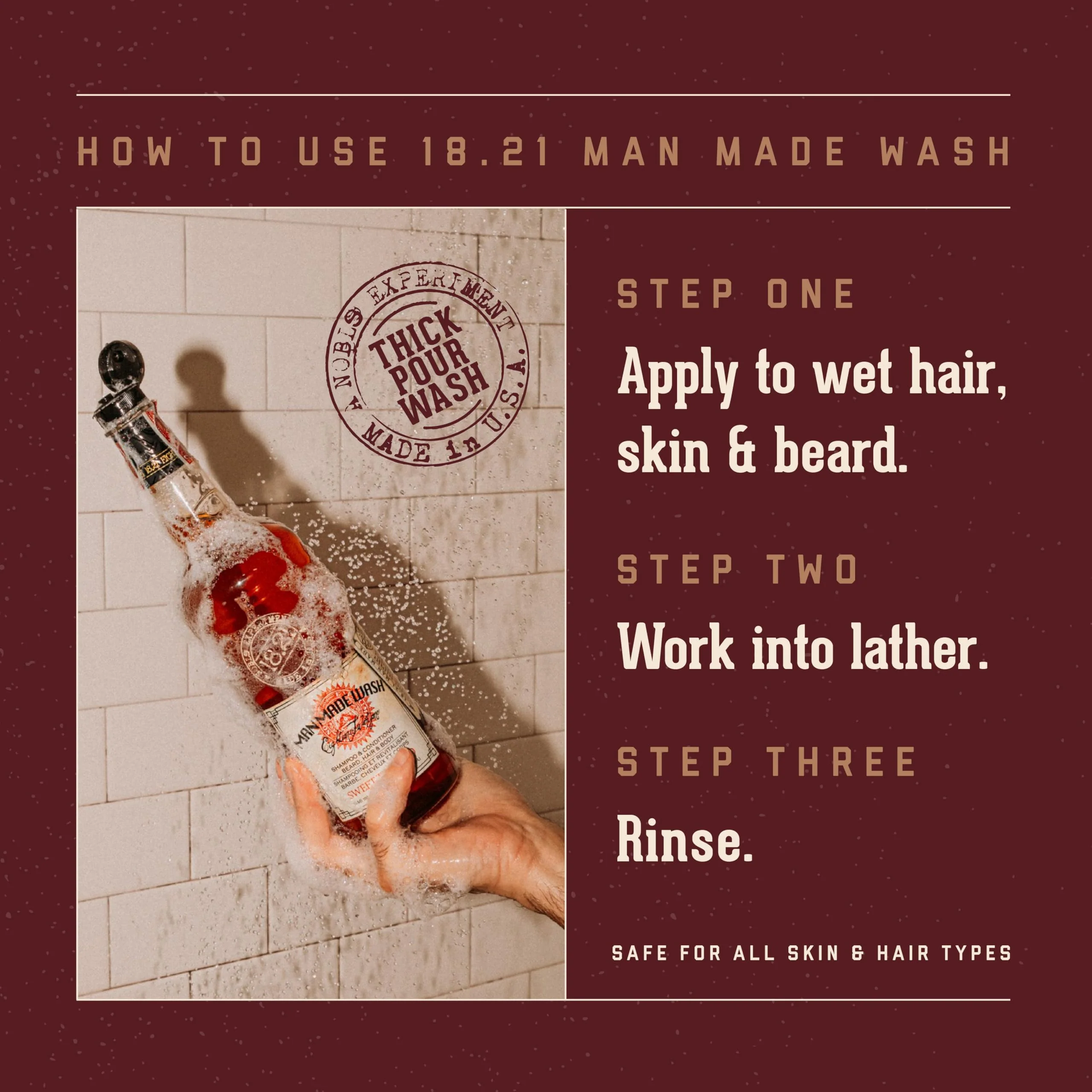 18.21 Man Made Original Sweet Tobacco 3-in-1 Body Wash, Shampoo, & Conditioner for Men, All Hair & Skin Types, Strengthens and Moisturizes in a Manly Aroma, 18 Fl Oz - Image 4