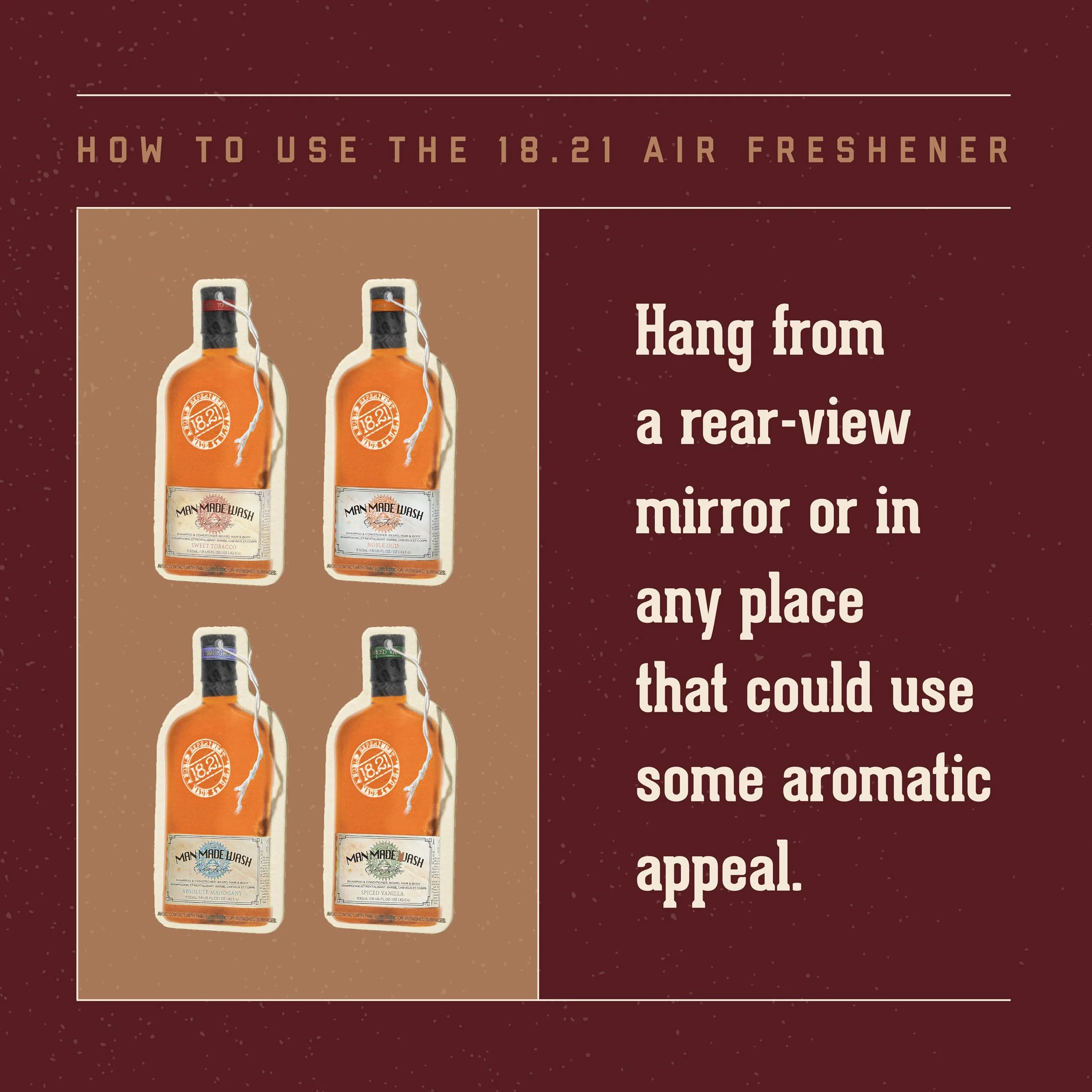 18.21 Man Made Premium Hanging Air Freshener Luxurious Absolute Mahogany Scent, Long Lasting Fragrance for Car, Gym Bag, Travel Luggage or Closet, 1 Count (Pack of 1) - Image 3