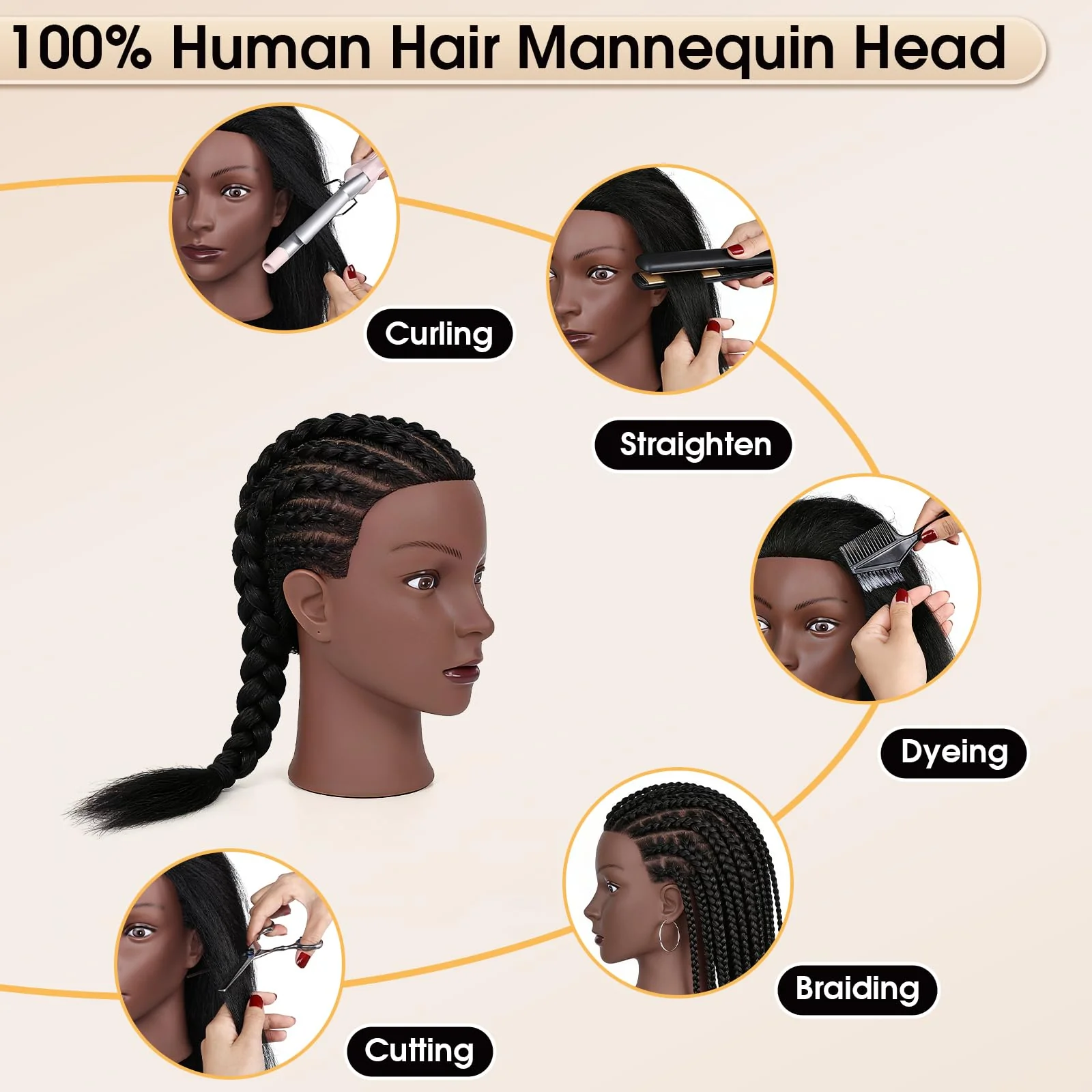 18 Inch 100% Real Human Hair Mannequin Head, Cosmetology Manikin Head Training Doll Head for Hair Styling, Braiding, Curling Practice, with Table Clamp Holder & Complete Styling Tools Kit(Black) - Image 4