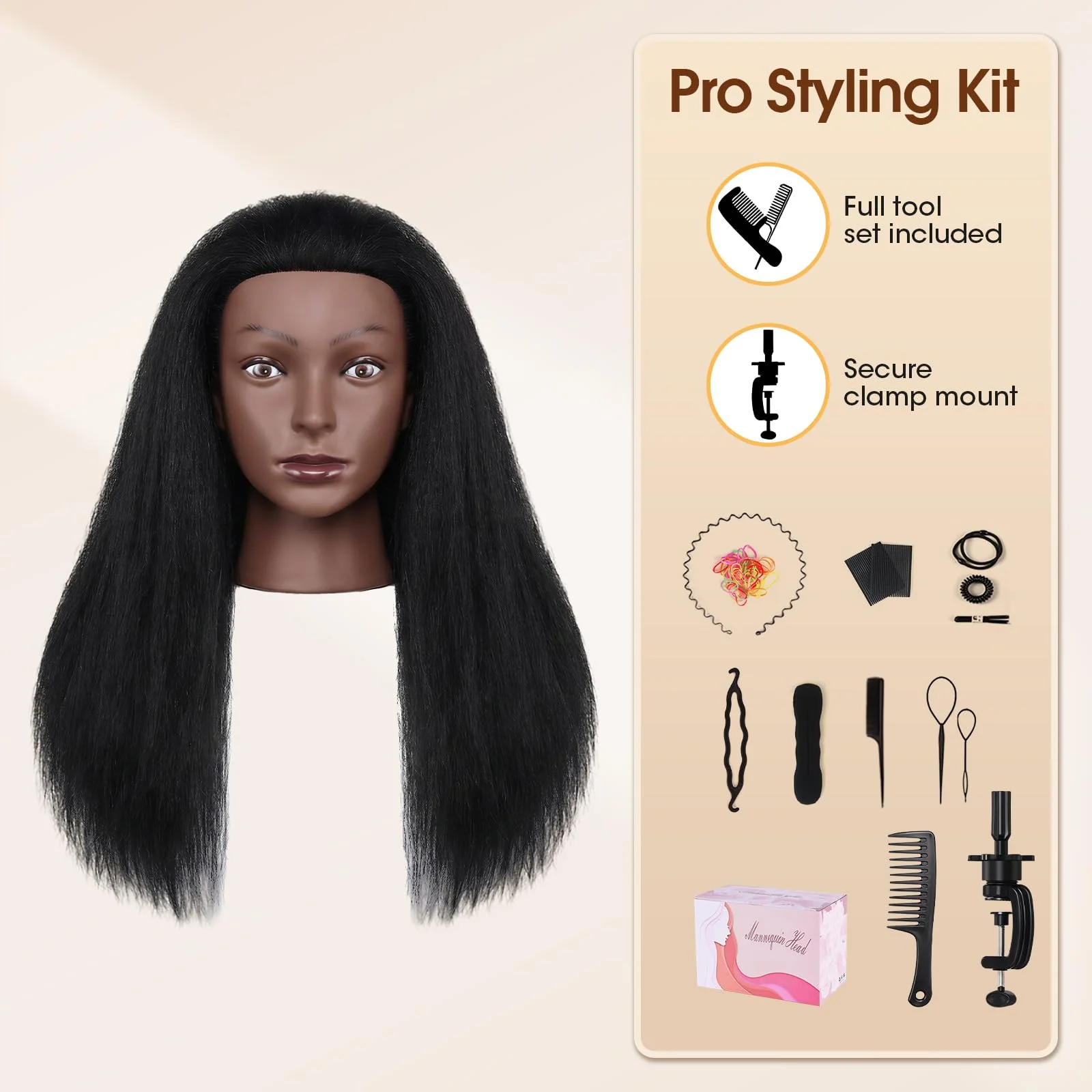 18 Inch 100% Real Human Hair Mannequin Head, Cosmetology Manikin Head Training Doll Head for Hair Styling, Braiding, Curling Practice, with Table Clamp Holder & Complete Styling Tools Kit(Black) - Image 9
