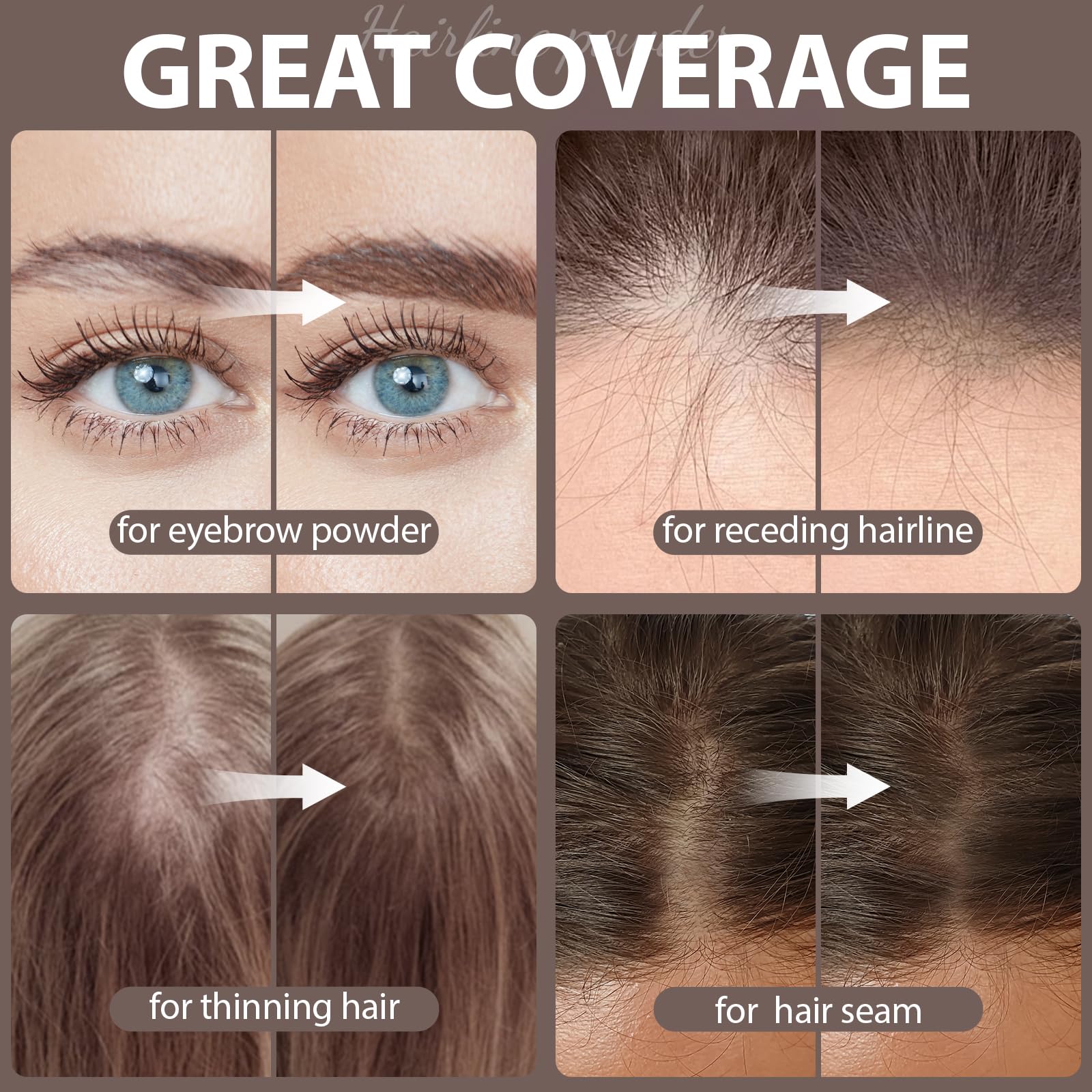 2 Pack Hairline Powder for Women and Men, Used to Root Touch Up Hair Color, Thinning and Gray Hair Coverage and Bald Spots Coverage, Medium Brown - Image 3
