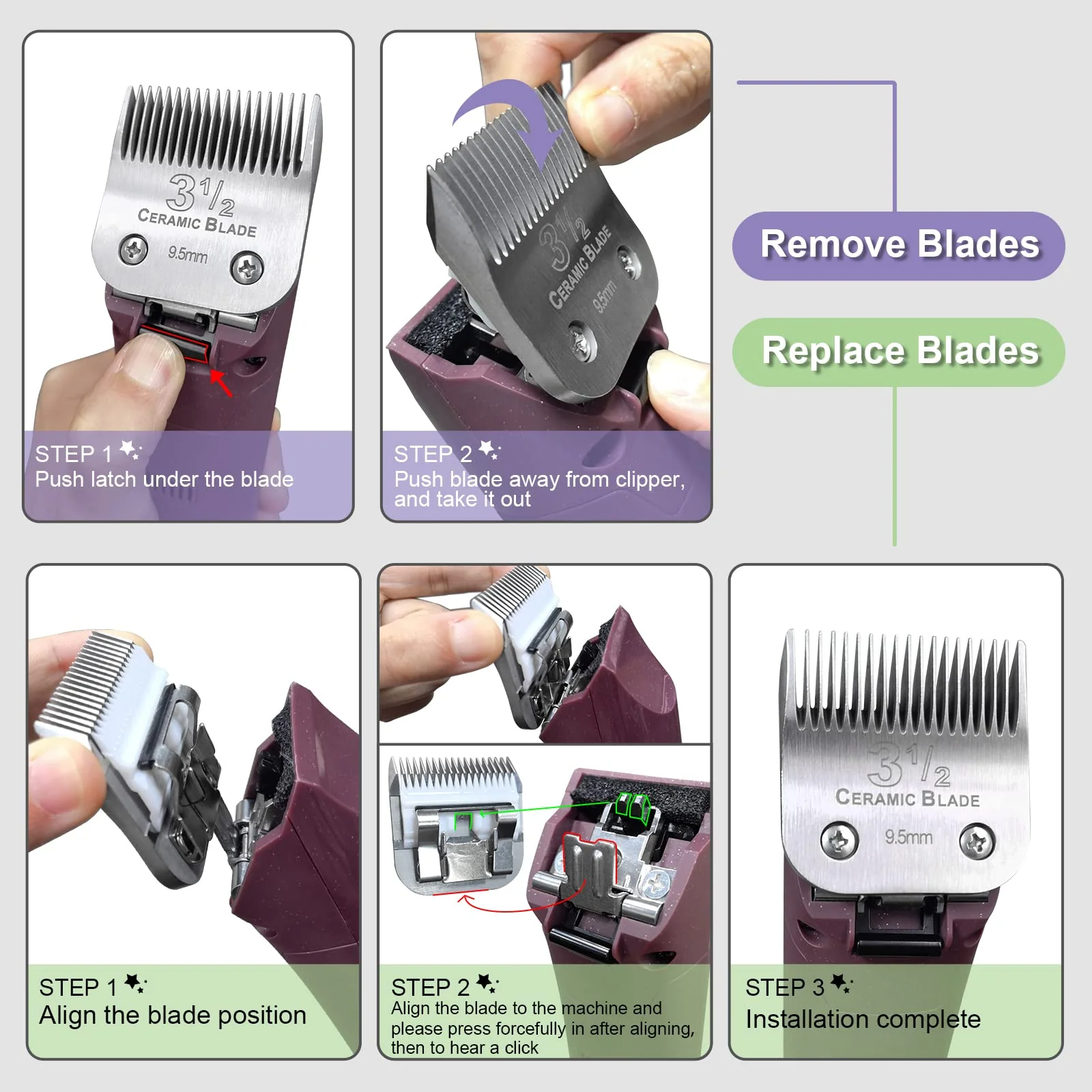 2 Packs Professional Detachable Replacement Ceramic Blades Size 1-1/2,Cut Length 5/32-Inch 4mm,compatible with Andis AGC,BDC,BGC,MBG Series/oster Classic 76/Star-Teq/Power-Teq/A5 Clipper - Image 5