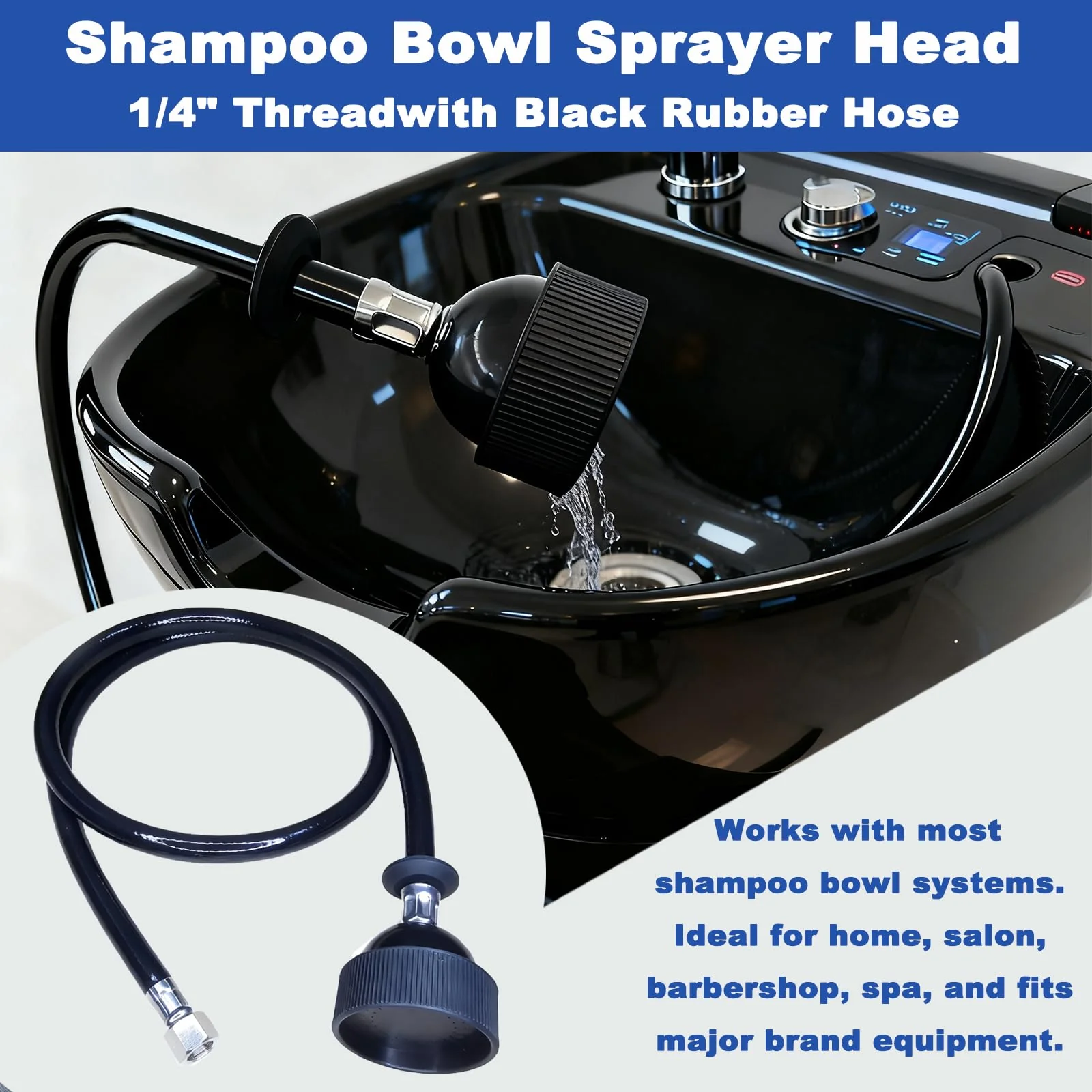 2 Pcs Shampoo Bowl Sprayer Head with Black Rubber Hose Kit 1/4" Thread for Salon Sink Barber Shop Spa Basin & Most Commercial Shampoo Systems - Image 2
