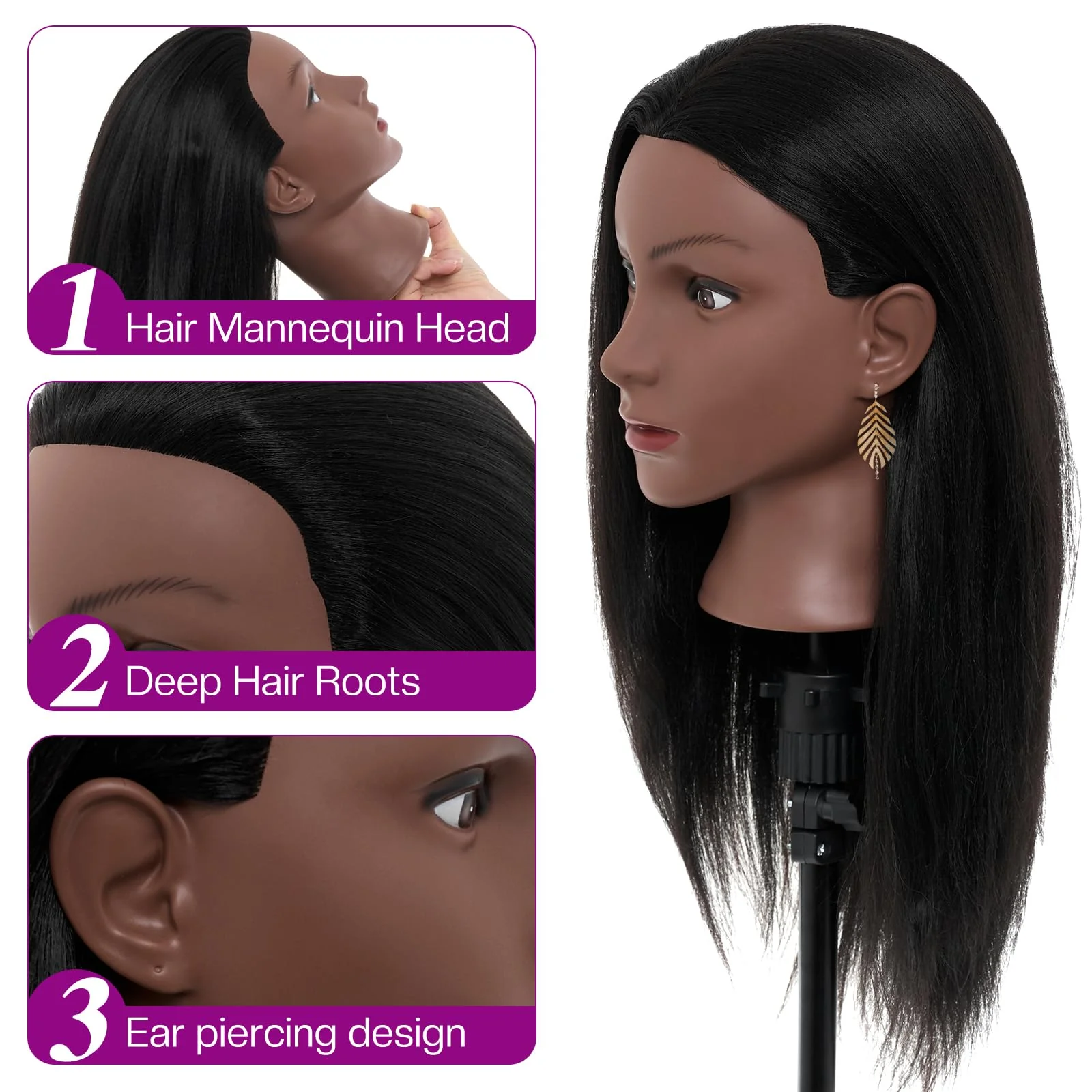 20-22 Inch Mannequin Head Human Hair with Stand,100% Real Human Hair Mannequin Head for Braiding,Cosmetology Manikin Doll Head for Styling with Table Clamp Hair Braiding Set(Brown) - Image 4