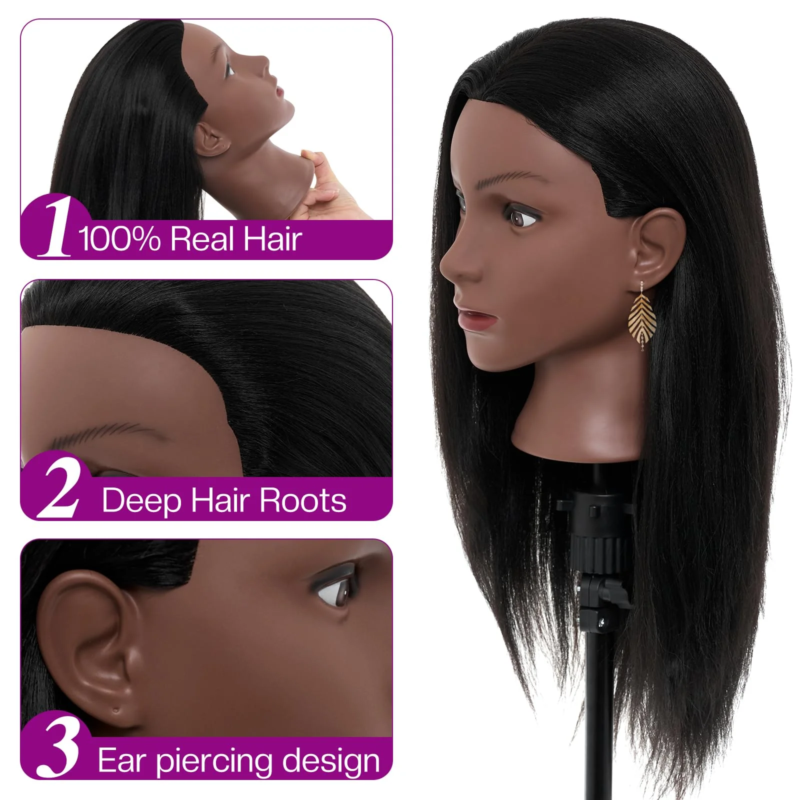 20-22" Mannequin Head,100% Real Human Hair Mannequin Head, Braiding Cosmetology Manikin Doll Head for Hair Styling Training with Table Clamp,Braiding Set(Light brown) Hair Extensions - Image 3
