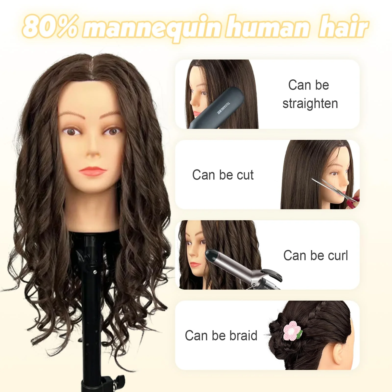 22" MQHIHI Mannequin Head Human Hair Cosmetology Manikin Doll Head with 80% Real Hair for Hairdresser Practice Cutting Braiding Hair Styling with Clamp Holder and Tools (Dark Brown) - Image 2