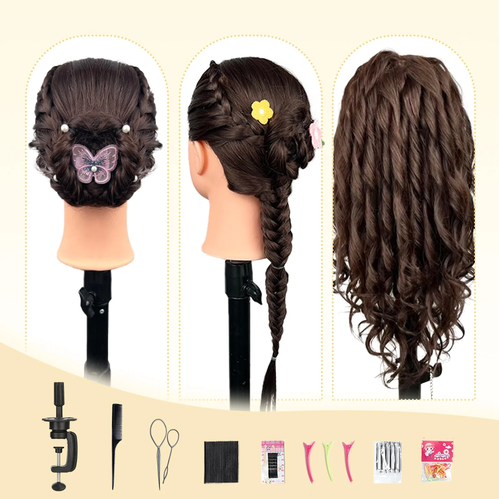 22" MQHIHI Mannequin Head Human Hair Cosmetology Manikin Doll Head with 80% Real Hair for Hairdresser Practice Cutting Braiding Hair Styling with Clamp Holder and Tools (Dark Brown) - Image 3