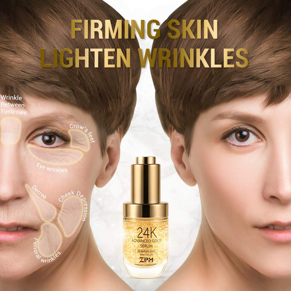 24K Gold Anti Aging Face Serum Moisturizer Enriched with Vitamin C Serum, Hyaluronic Acid, Vitamin E Cream for Day and Night Wrinkle Reduction, Re-Activate Skin Youth (1FL.OZ) - Image 5