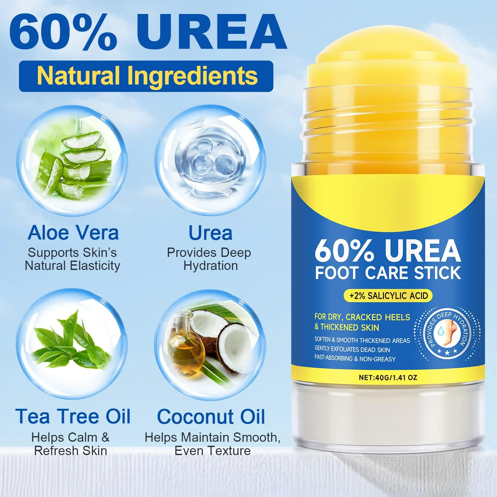60% Urea with 2% Salicylic Acid Urea Foot Care Stick, Foot Cream Moisturizer for Dry Cracked Feet, Knees, Elbows, Hands,Moisturizes and Hydrates the Dry Skin,Callus Remover & Skin Softener -1.41oz - Image 2