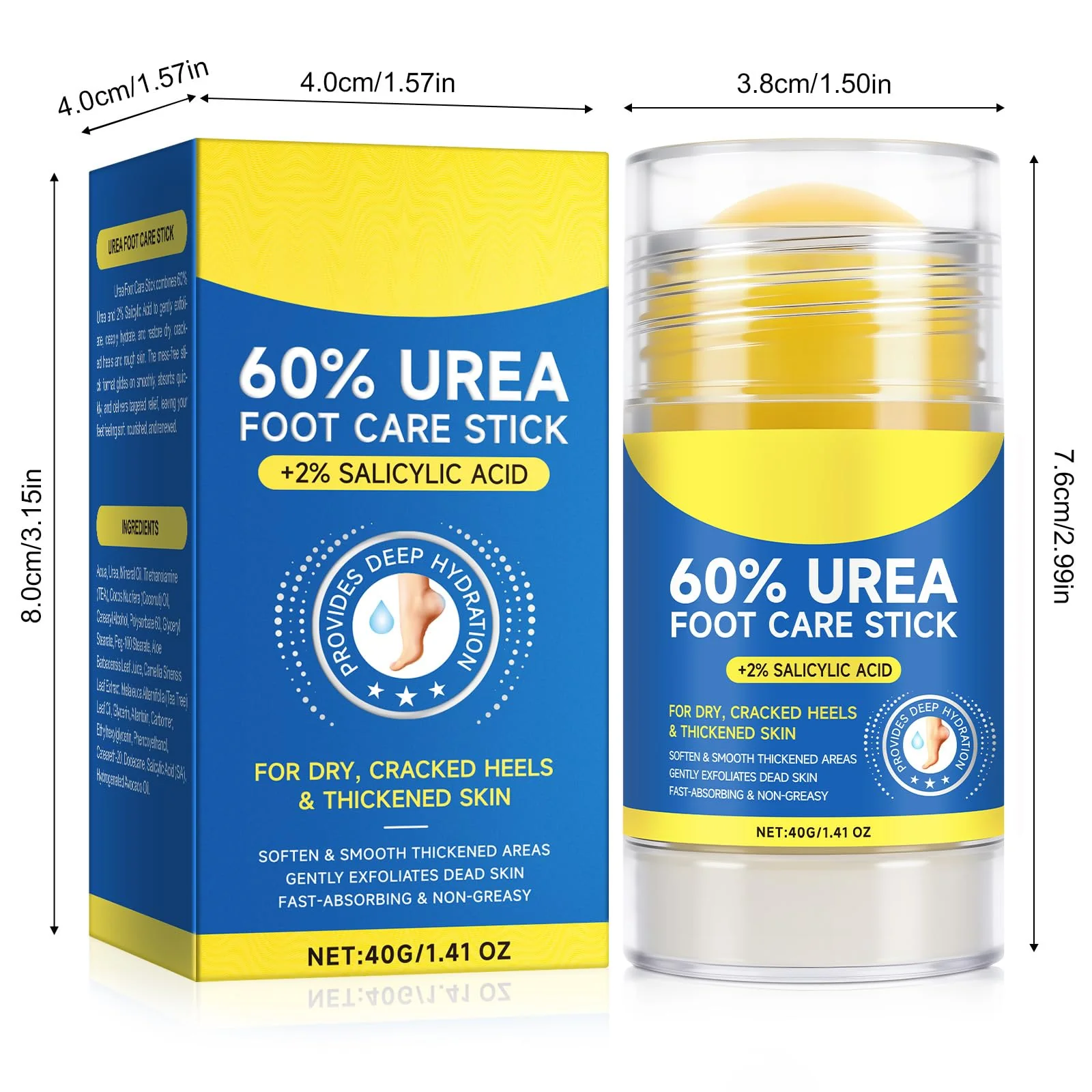 60% Urea with 2% Salicylic Acid Urea Foot Care Stick, Foot Cream Moisturizer for Dry Cracked Feet, Knees, Elbows, Hands,Moisturizes and Hydrates the Dry Skin,Callus Remover & Skin Softener -1.41oz - Image 8