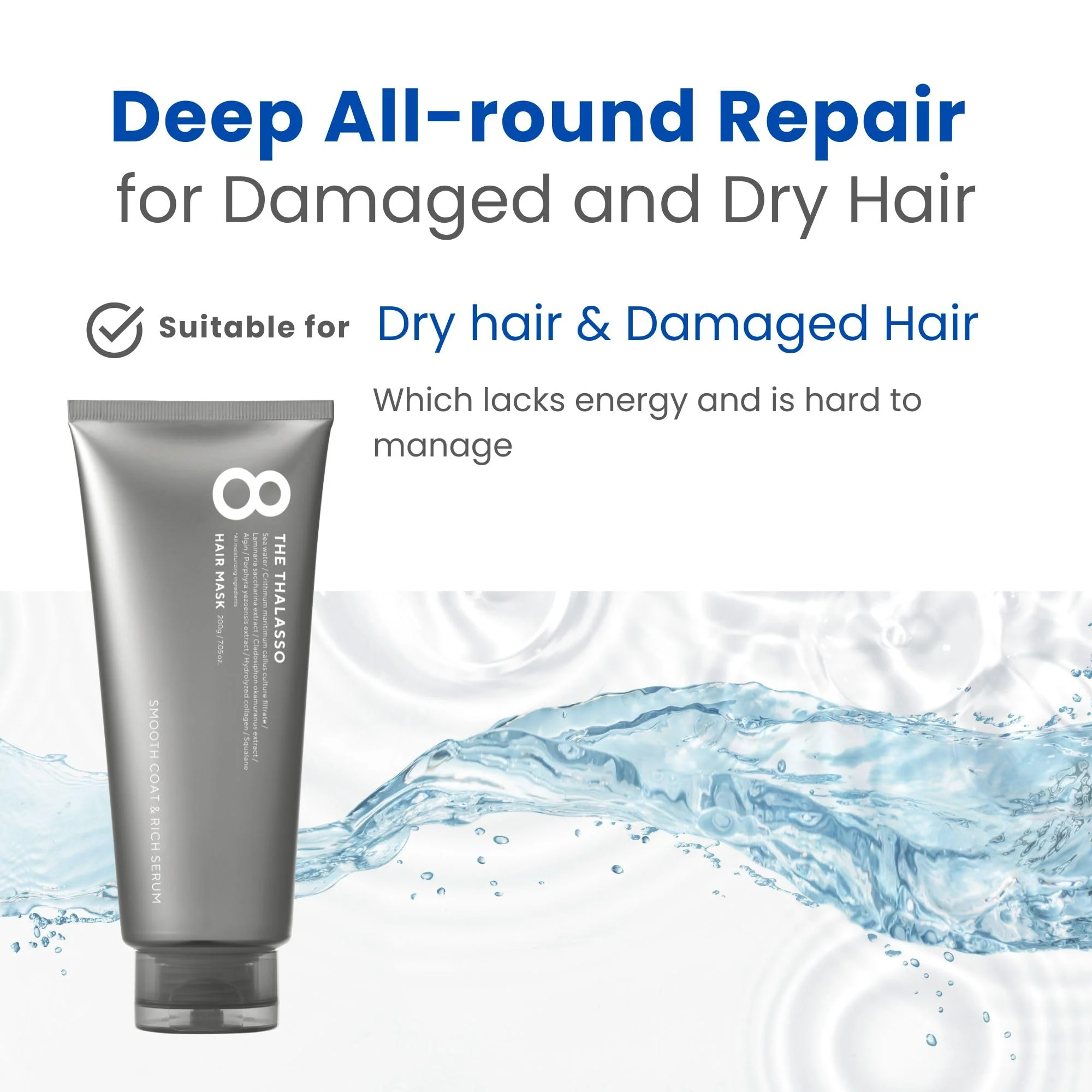 8 THE THALASSO Hair Mask for Normal to Oily Hair Women & Men, Deep Conditioner with Stem Cells & Deep Sea Water, Intensive Hair Cream from Japan, Sulfate & Paraben Free, SMOOTH, 7.05 Fl Oz - Image 3