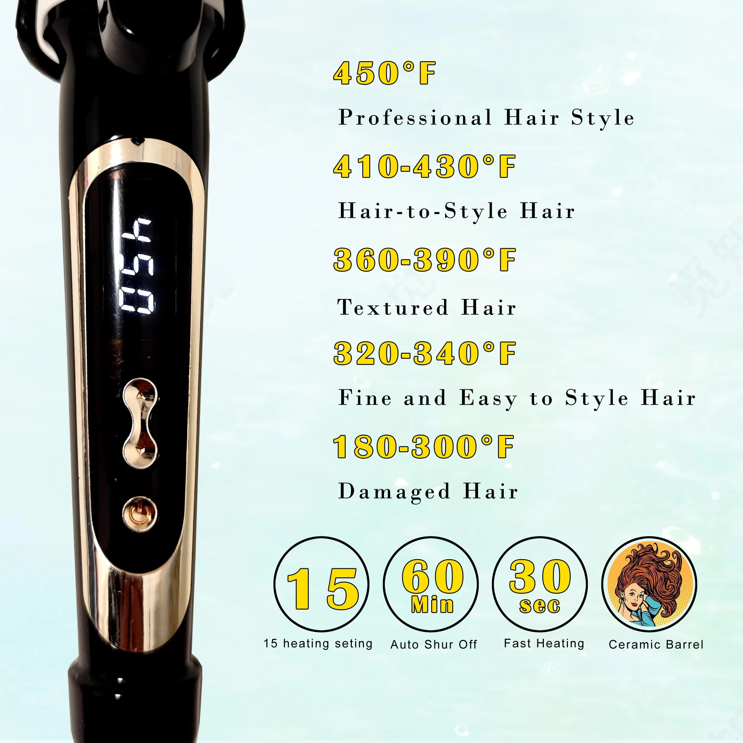 abp 1.25 Inch Curling Iron Extra Long Barrel with Ceramic Coating for Long/Medium Hair,1 1/4 INCH LCD Display Instant Heat up to 450°F with clamp,Hair Style Tool Girls & Women - Image 4