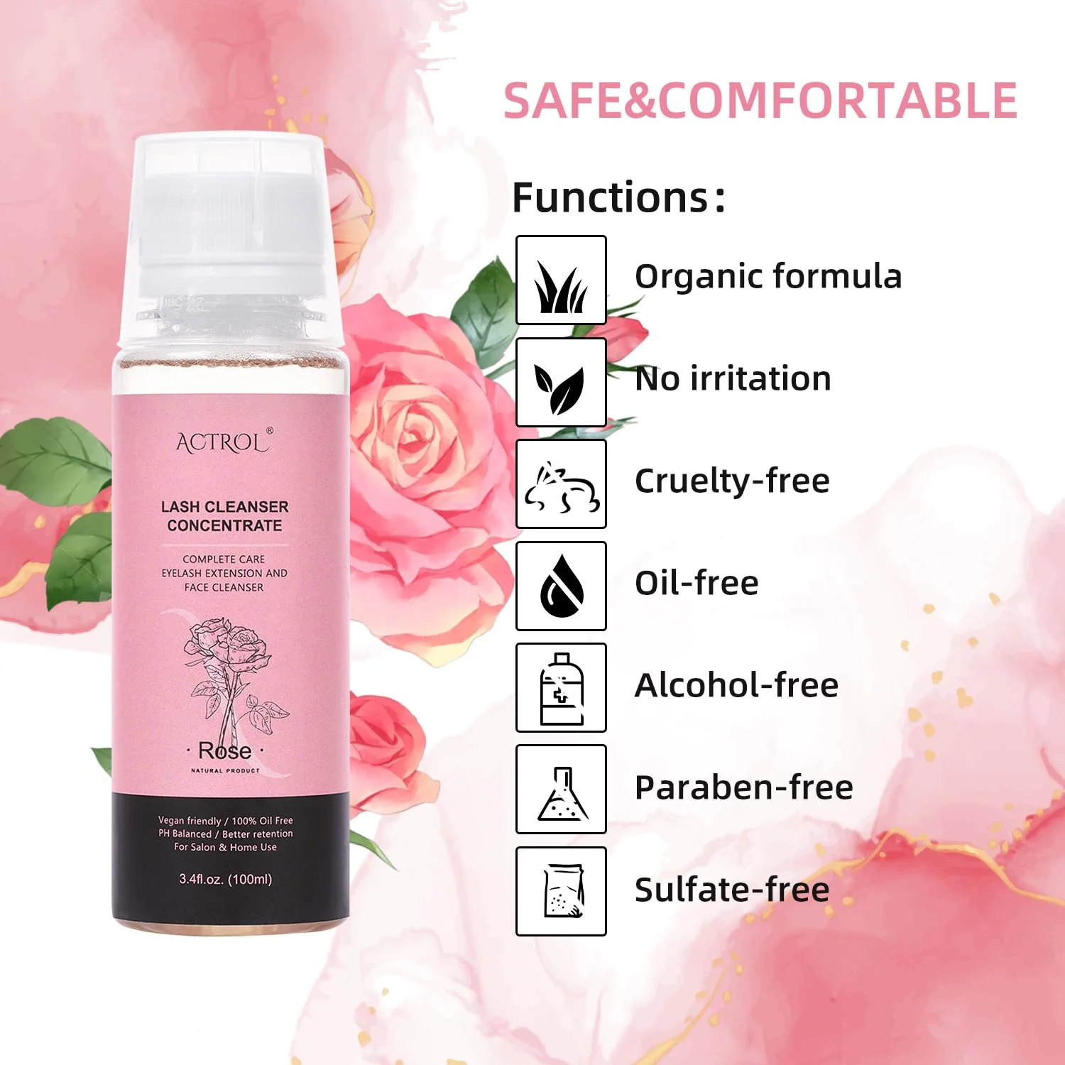 ACTROL Eyelash Shampoo Concentrate 100ml Lash Extensions Cleanser Concentrate Rose Natural Foaming Shampoo Wash for Extensions Lashes with Salon Home Care-Makes 60ml Bottles - Image 2