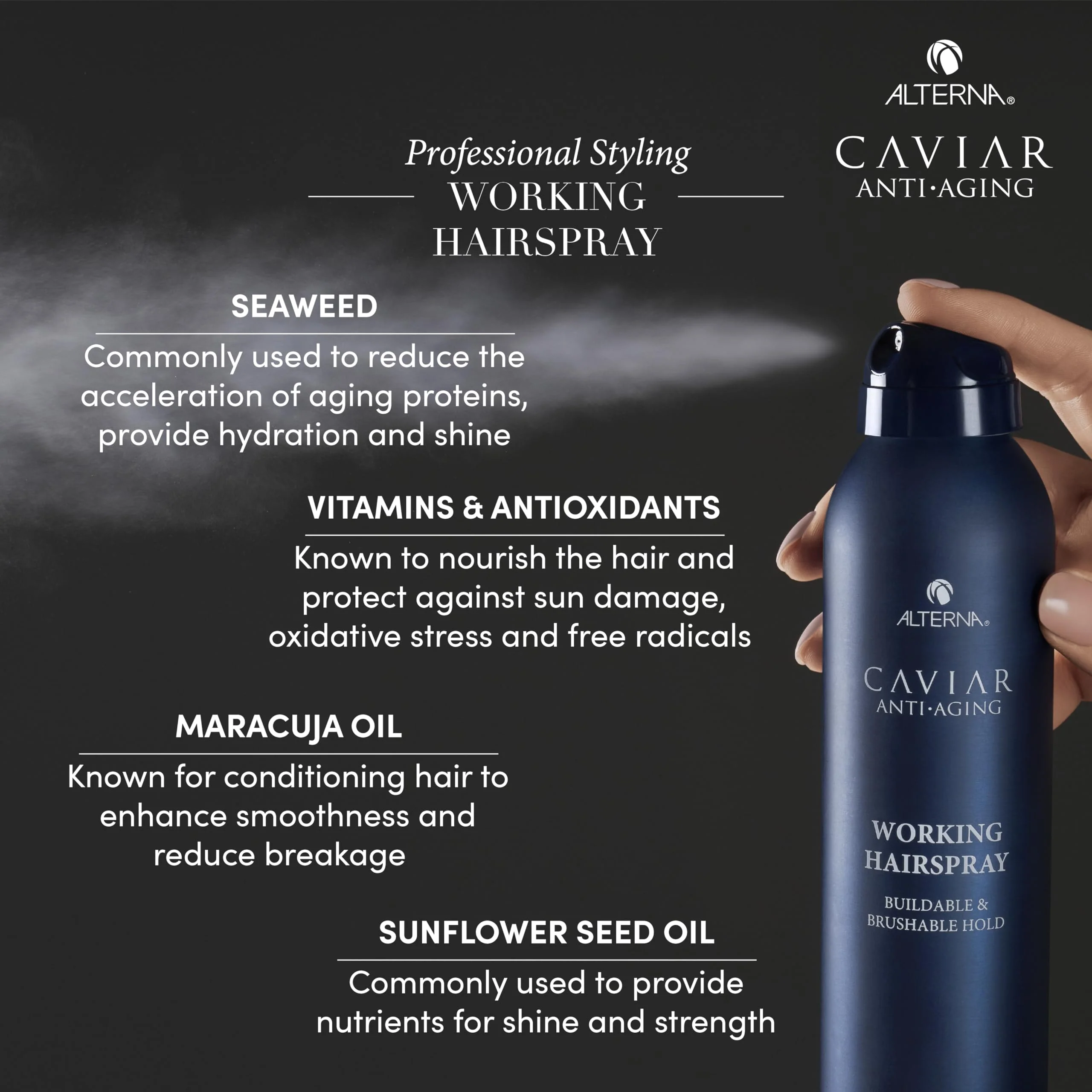 Alterna Caviar Working Hairspray | Buildable, Brushable Hold | Helps Control Frizz & Adds Shine | Sulfate Free, 7.4 Fl Oz (Packaging May Vary) - Image 5
