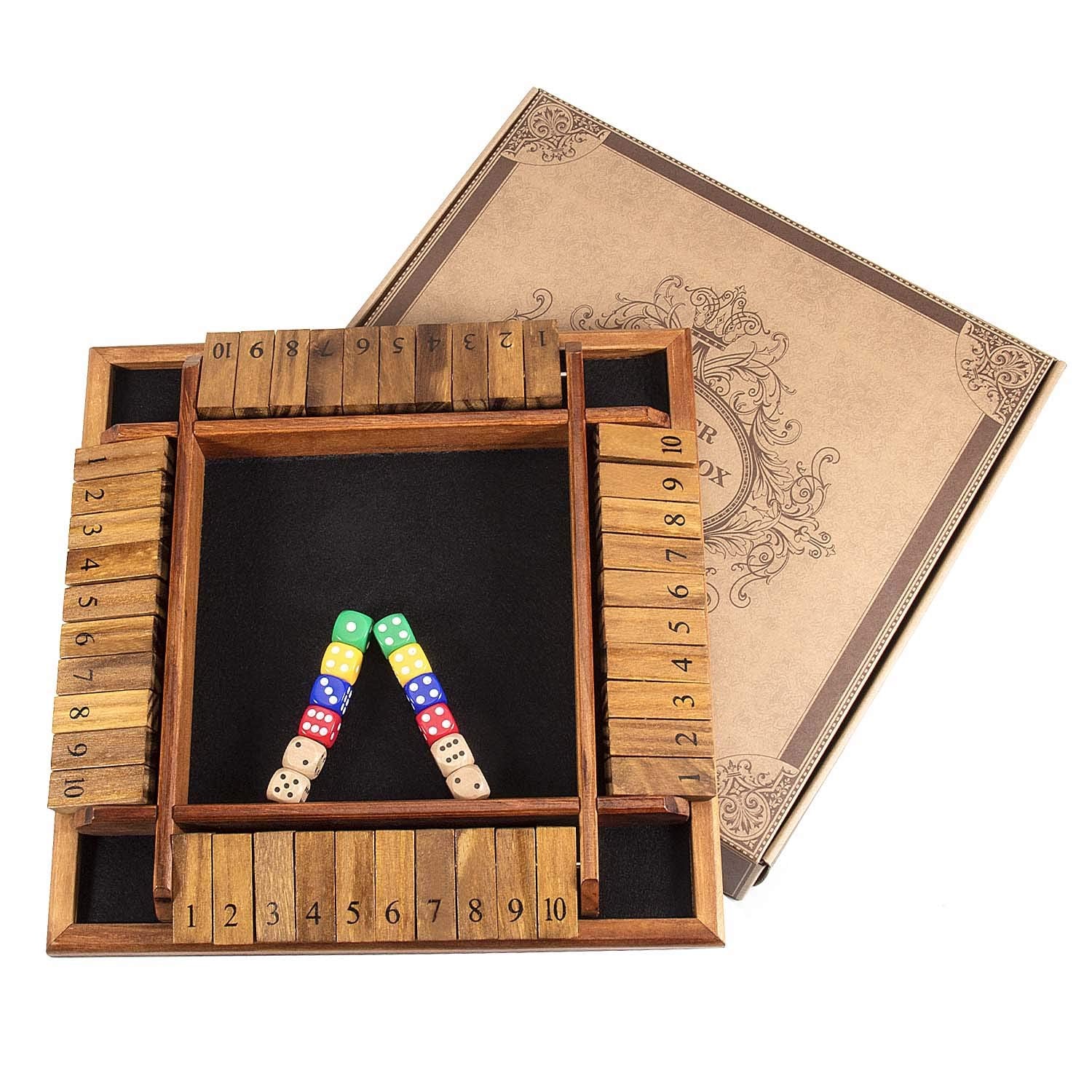AMEROUS 1-4 Players Shut The Box Dice Game, Wooden Board Table Math Game with 12 Dice and Shut-The-Box Instructions for Kids Adults, Family Classroom Home or Pub (12 Inches) - Image 5