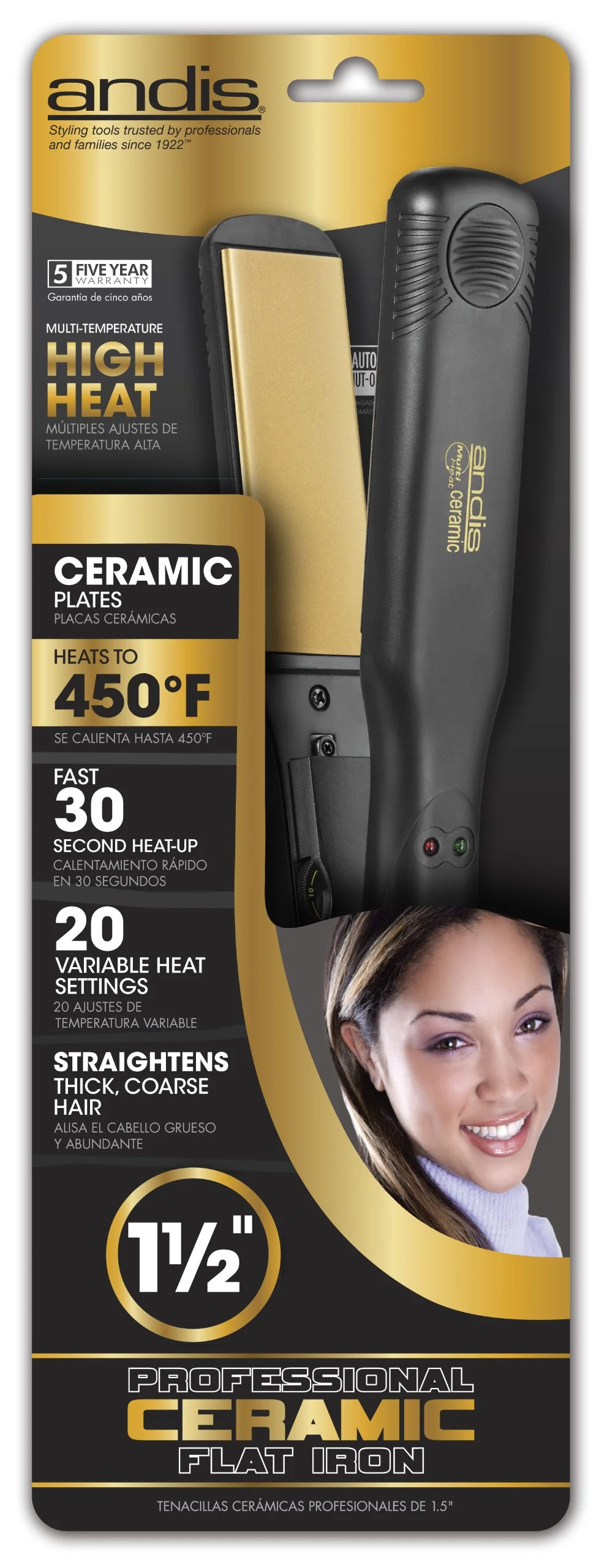 Andis 1.5-Inch High Heat Ceramic Hair Flattening Iron, Black (67770) - Image 2