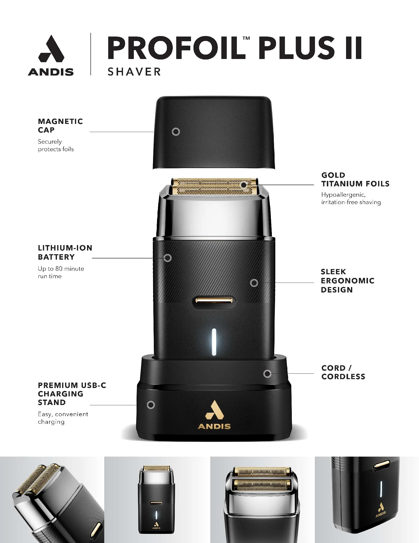 Andis 563616 Pro Foil Plus II Cordless Shaver, Gold Titanium Foils, Lithium Ion Battery, Includes USB-C Charging Stand, Black - Image 5
