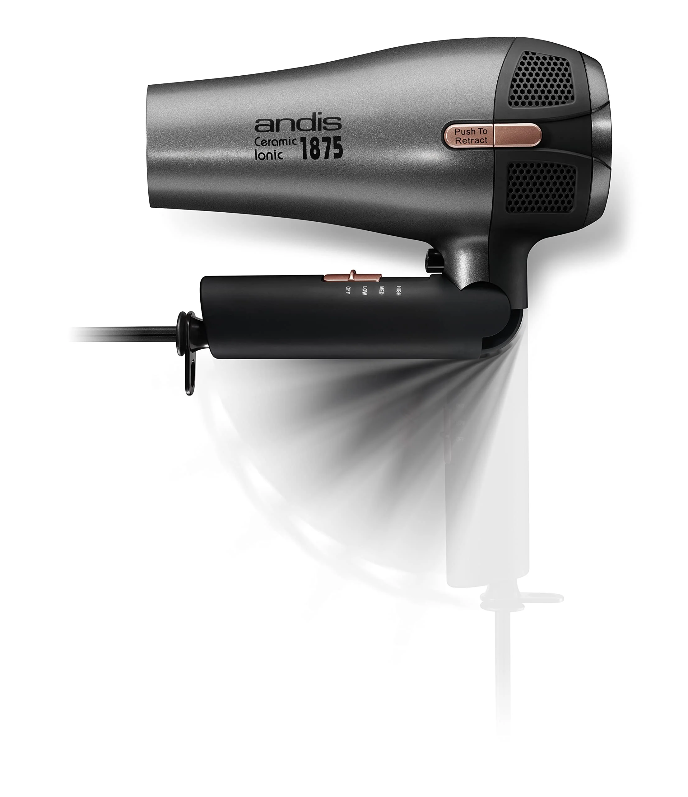 Andis 80280 Fold-n-go 1875 Watt Ceramic Ionic Dryer, Retractable Cord, Lightweight with Professional Blowout Results, Quick Drying Blow Dryer, Black/Silver - Image 8