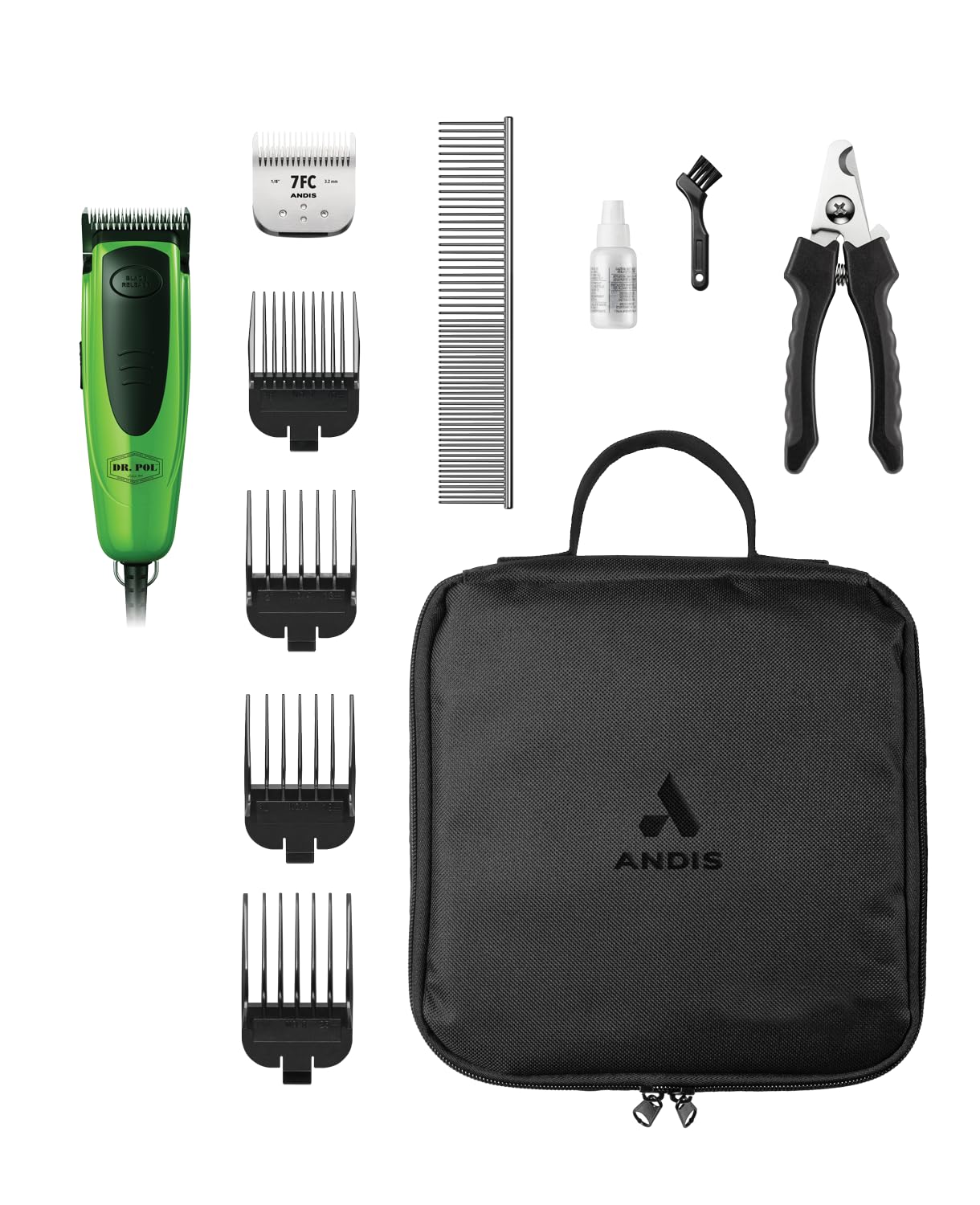 Andis Dr. Pol Easy Clip Versa Clipper Kit - Complete Grooming Solution with Detachable Blades, Attachment Combs, Nail Clipper & More for Safe, Efficient Grooming of All Dog Types, Green, 561121 - Image 2