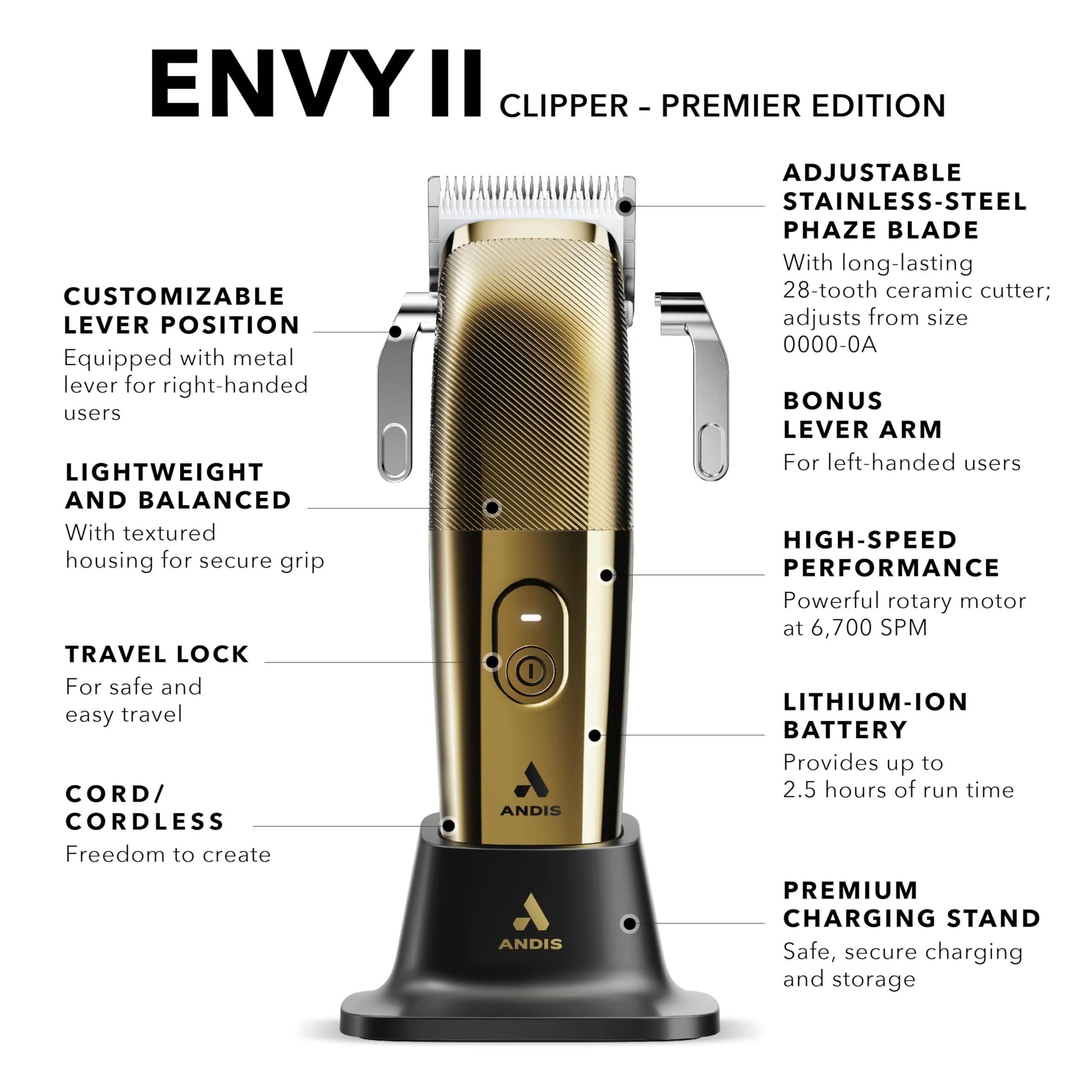 Andis Envy II Cordless Clipper Premium Edition, Professional Lithium-ion Electric Beard & Hair Clipper, Phaze Blade, Cordless, Gold - Image 3