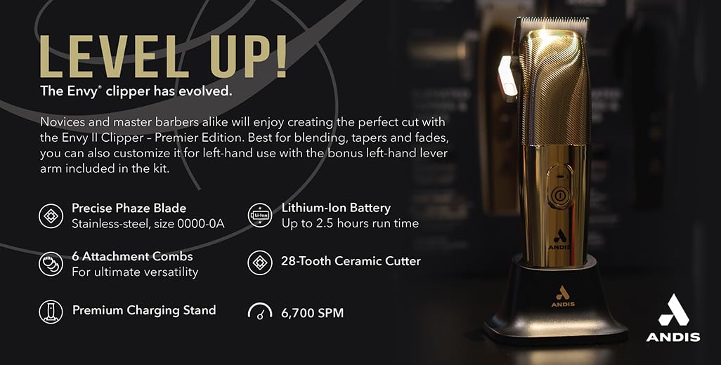 Andis Envy II Cordless Clipper Premium Edition, Professional Lithium-ion Electric Beard & Hair Clipper, Phaze Blade, Cordless, Gold - Image 5