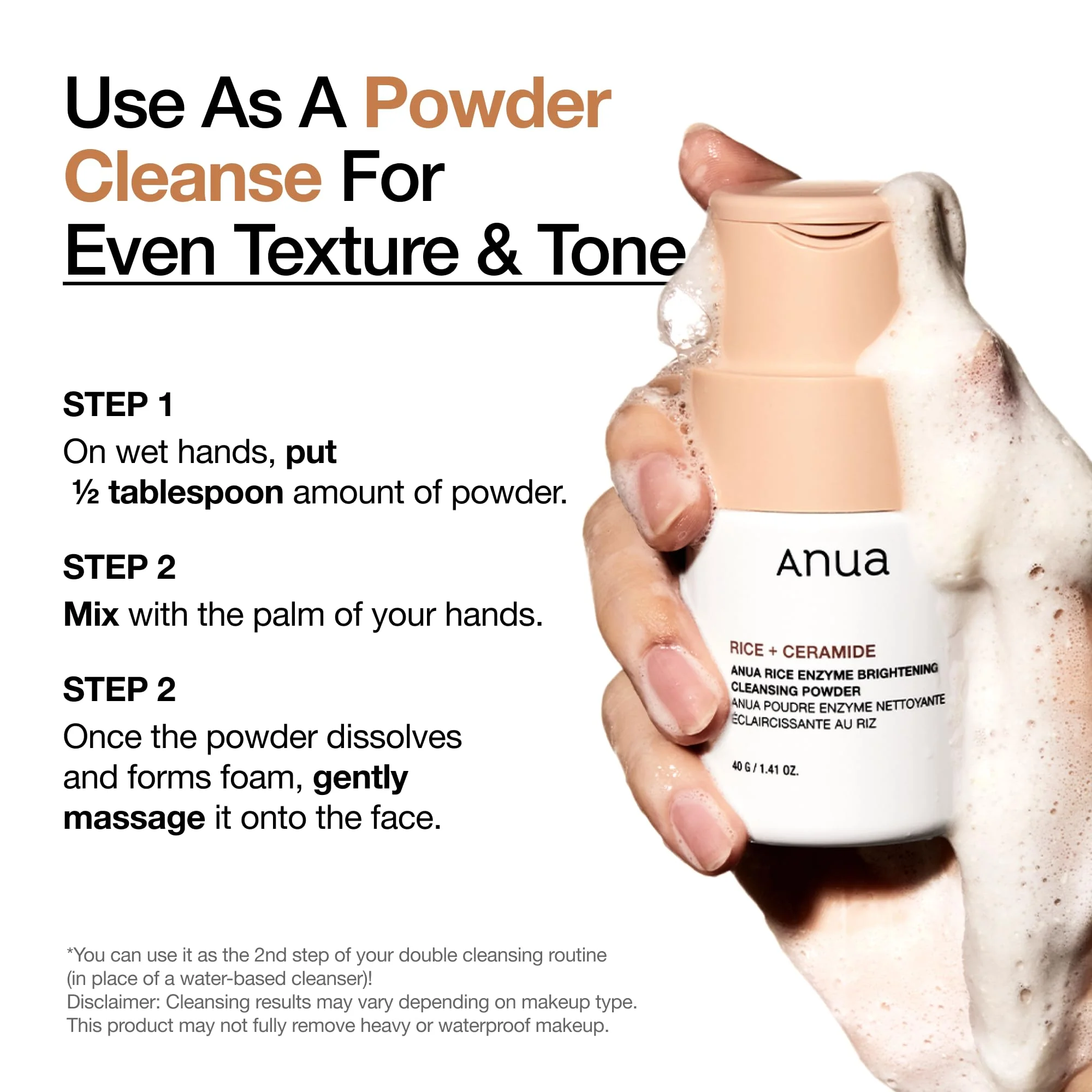 ANUA Rice Enzyme Brightening Cleansing Powder, Exfoliating Powder-to-Foam Cleanser, Smooth Texture & Clarity, Hydrating & Gentle Formula, Korean Skincare,1.41 fl.oz - Image 4