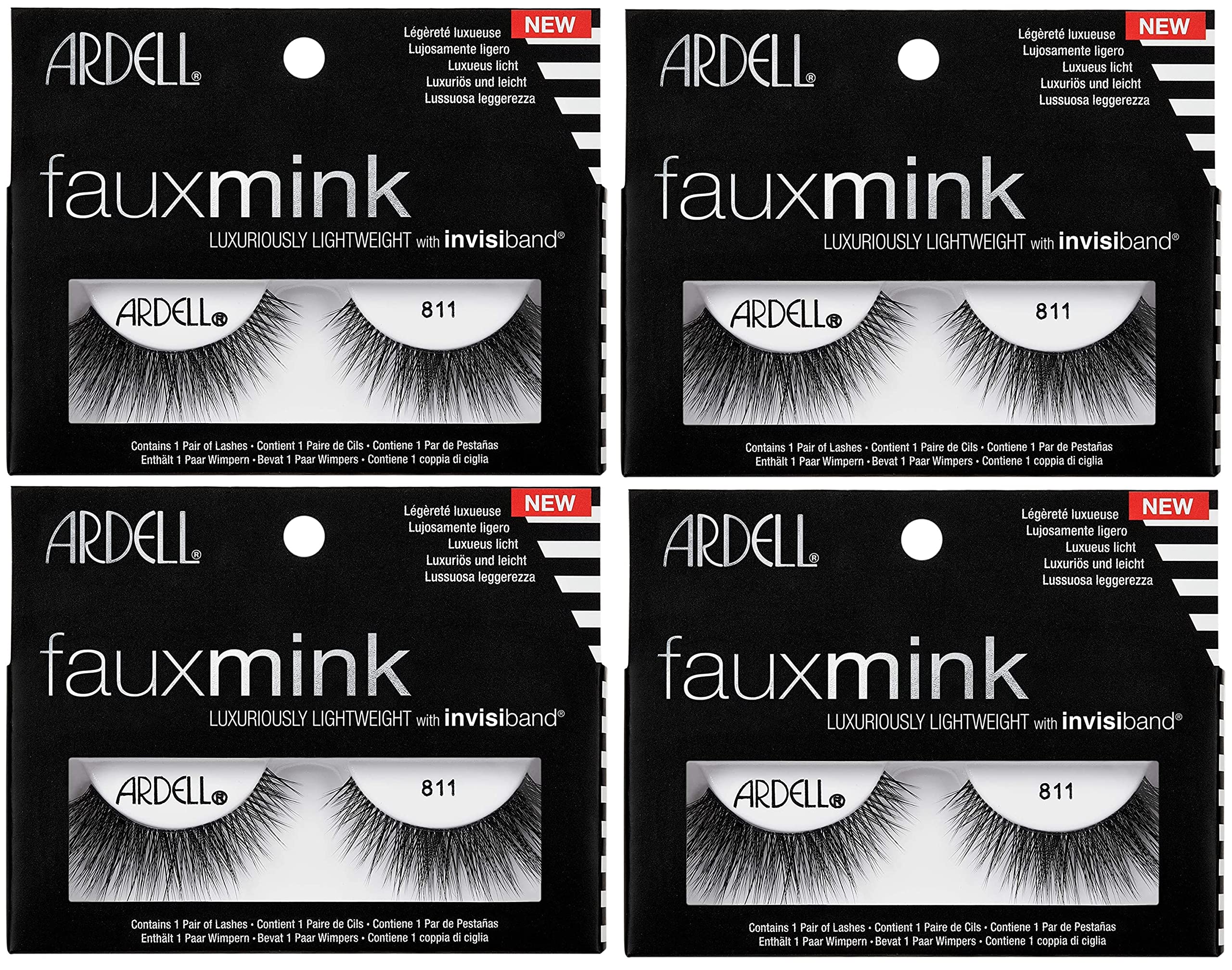 Ardell Faux Mink 811 Black False Lashes, Lightweight with Invisiband, 4 Pairs