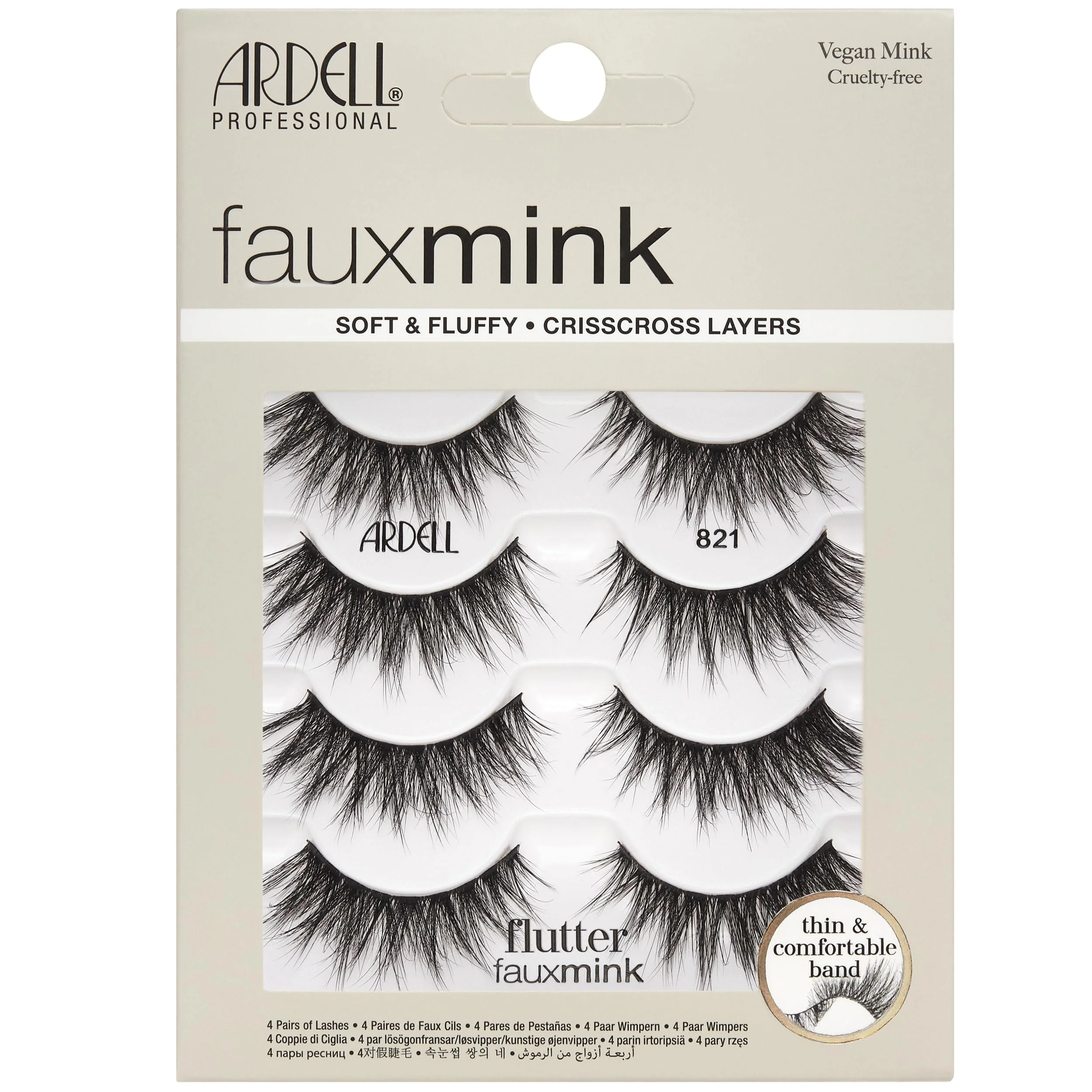 Ardell Faux Mink Lashes Flutter 821 – Soft & Fluffy False Eyelashes, Vegan Mink, Crisscross Layered Strip Lashes with Thin Band, 4 Pairs
