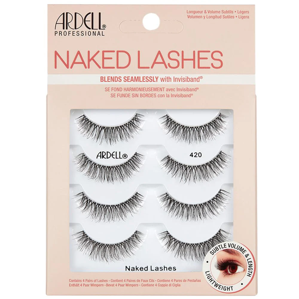 Ardell Naked Lashes 420 – Lightweight Natural Strip Lashes with Invisiband, Reusable False Eyelashes, Multipack, 4 Pair, 1 Pack