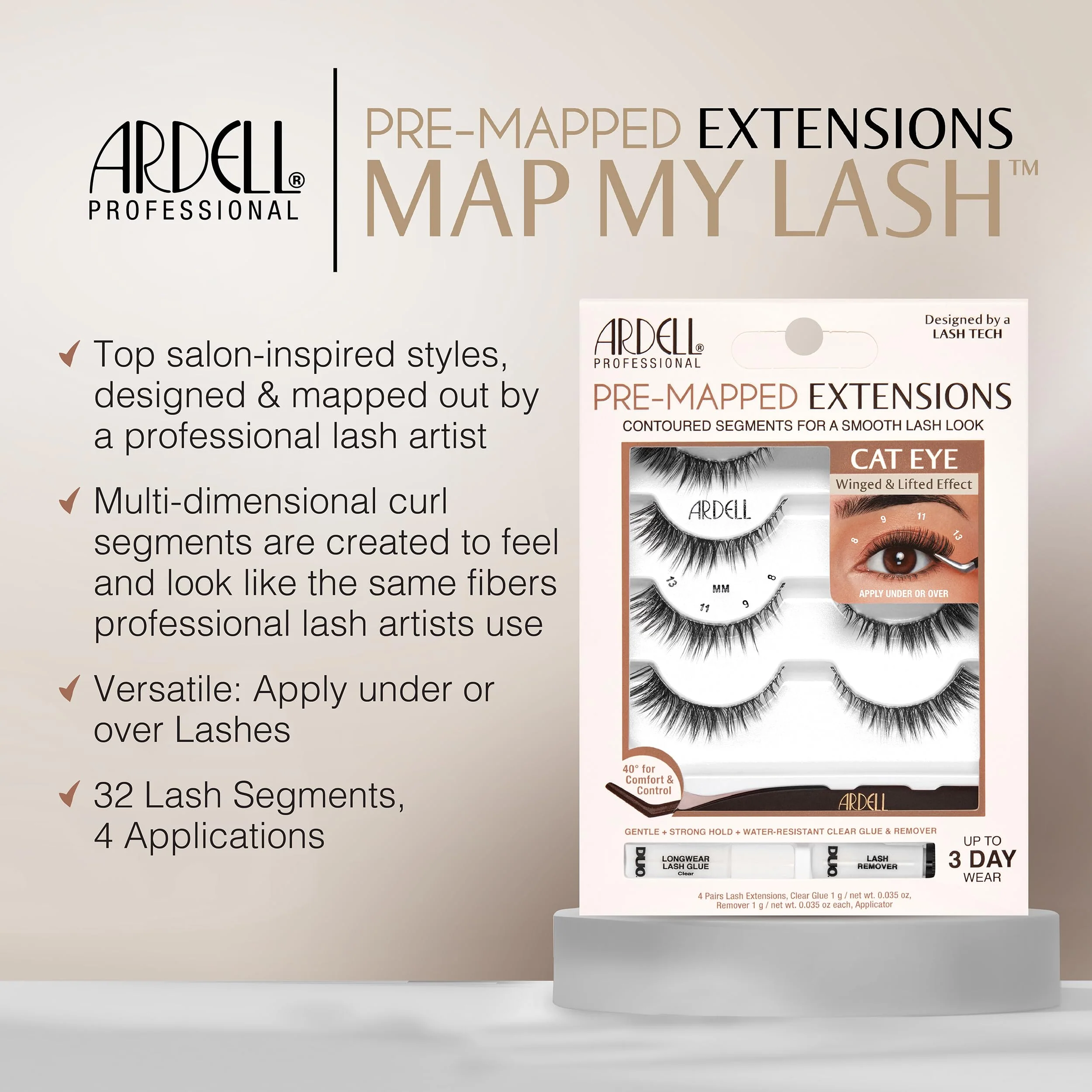 Ardell Pre-Mapped Eyelash Extensions Kit - False Lashes Cat Eye, Reusable Segmented Lash Strips, Long-Lasting with Lash Glue and Remover, 4-Pack - Image 4