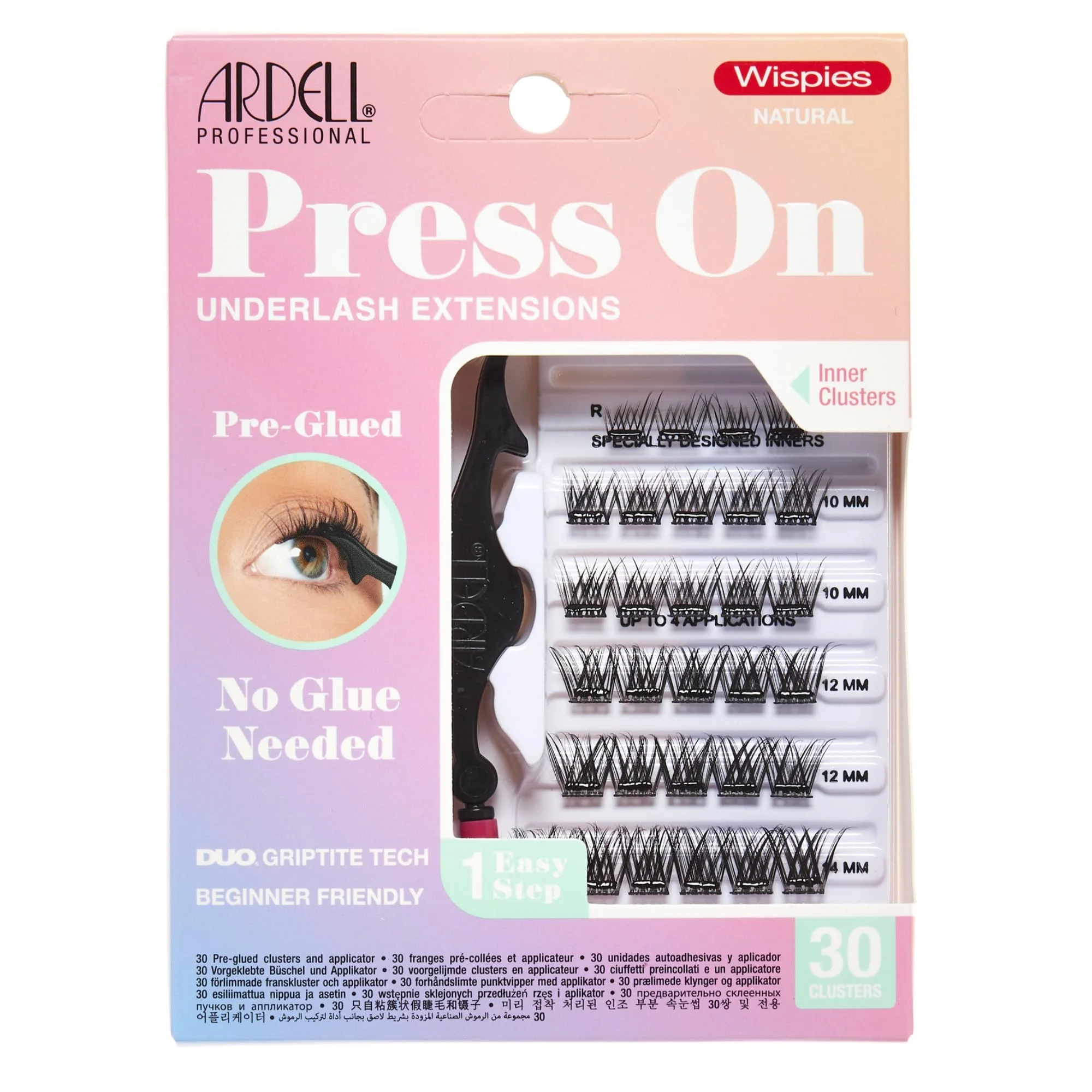 Ardell Press On Pre-Glued Eyelash Extension with Applicator - Wispies Natural, Customizable DIY Lash Clusters, Beginner Friendly Individual Lashes, 30 Count