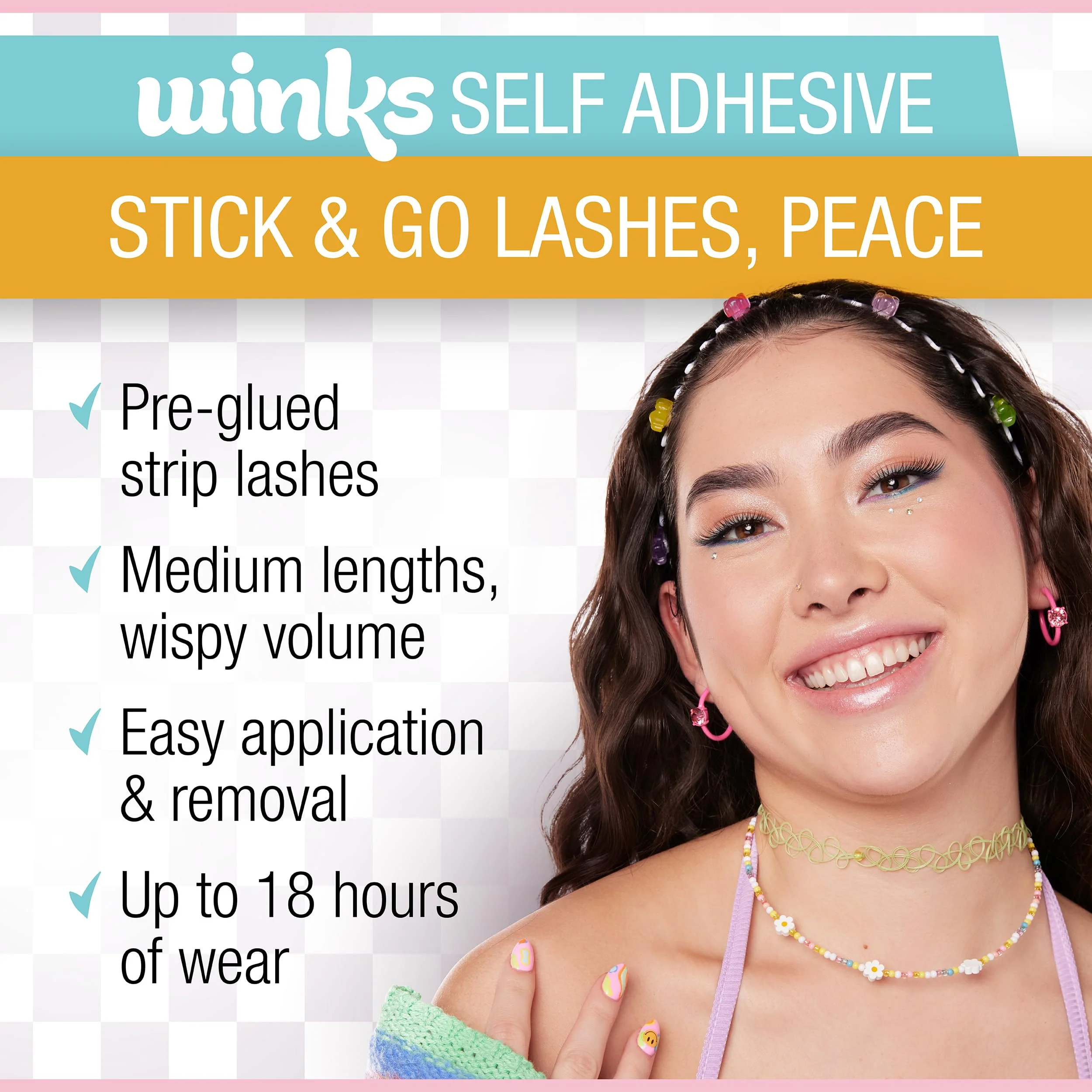 Ardell Winks Self Adhesive Eyelashes – Peace Style, Press on Lashes No Glue Needed, Stick On Lashes with Black Band Eyeliner Effect for Eyelashes Natural Look, 1 Pair - Image 2