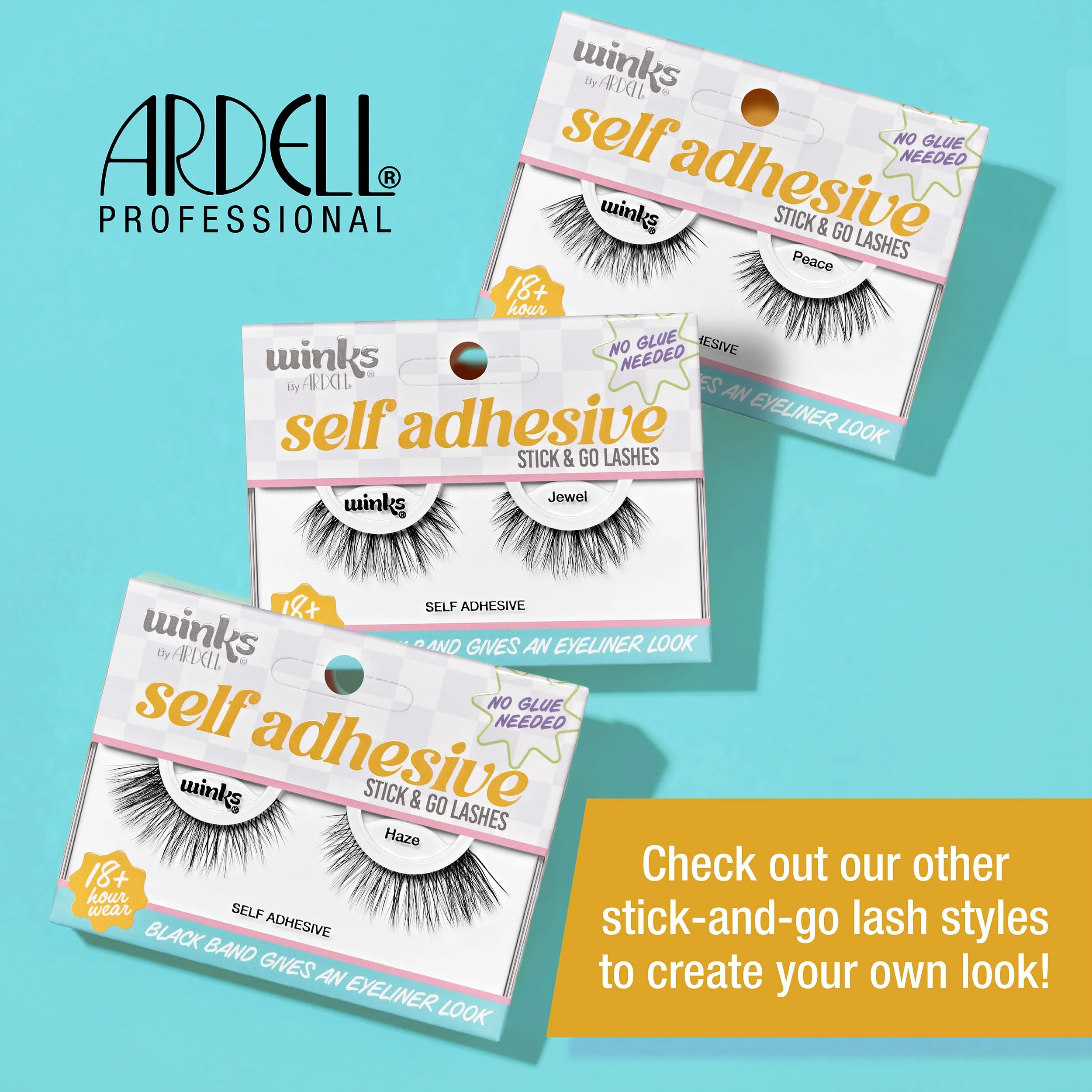 Ardell Winks Self Adhesive Eyelashes – Peace Style, Press on Lashes No Glue Needed, Stick On Lashes with Black Band Eyeliner Effect for Eyelashes Natural Look, 1 Pair - Image 6