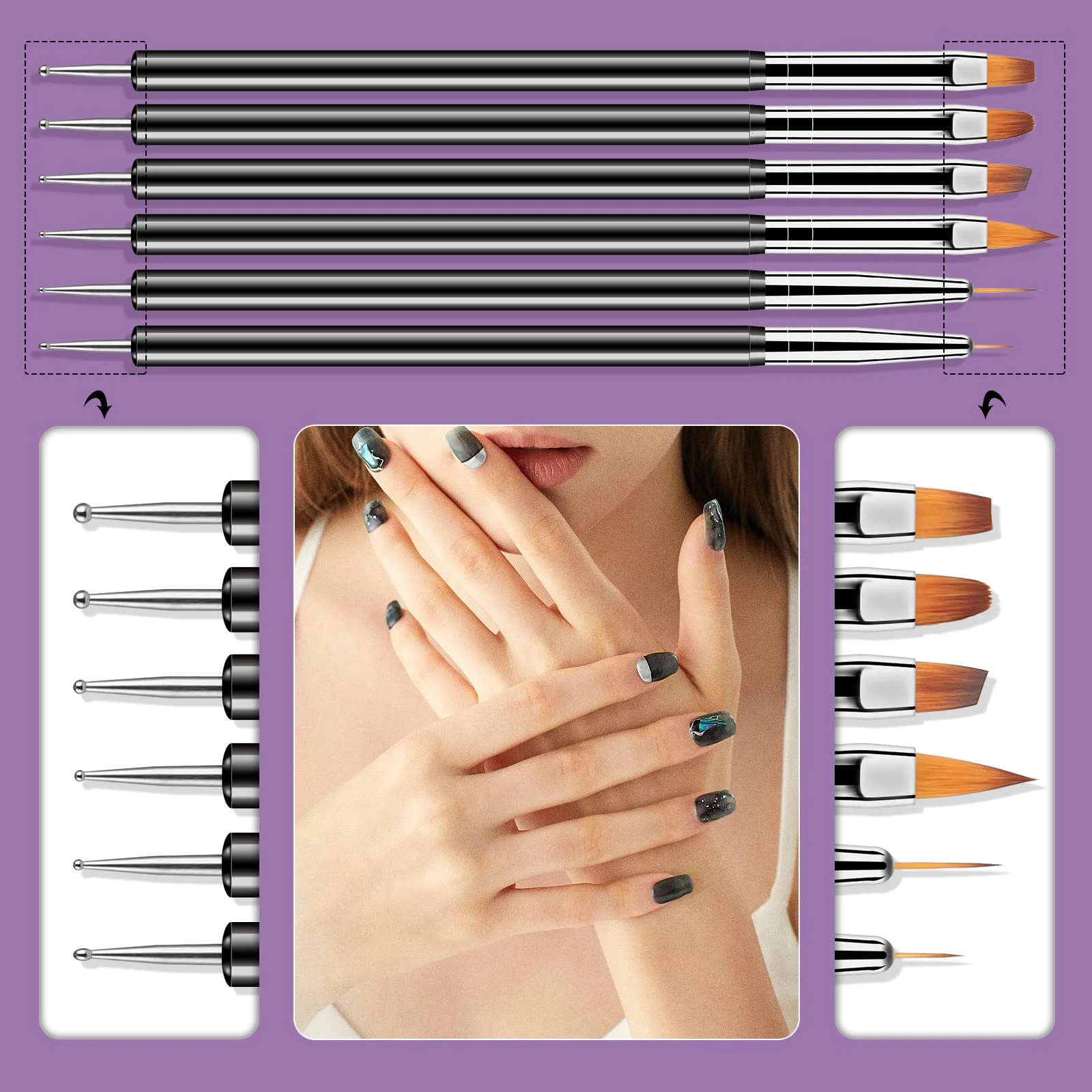 Artdone Nail Dotting Tools 6PCS Double-ended Nail Art Brushes Kit Nail Art Gel Polish Liner Brushes Design Pen For Nail Drawing And Nail Paint Brushes Small Detail Brushes - Image 2
