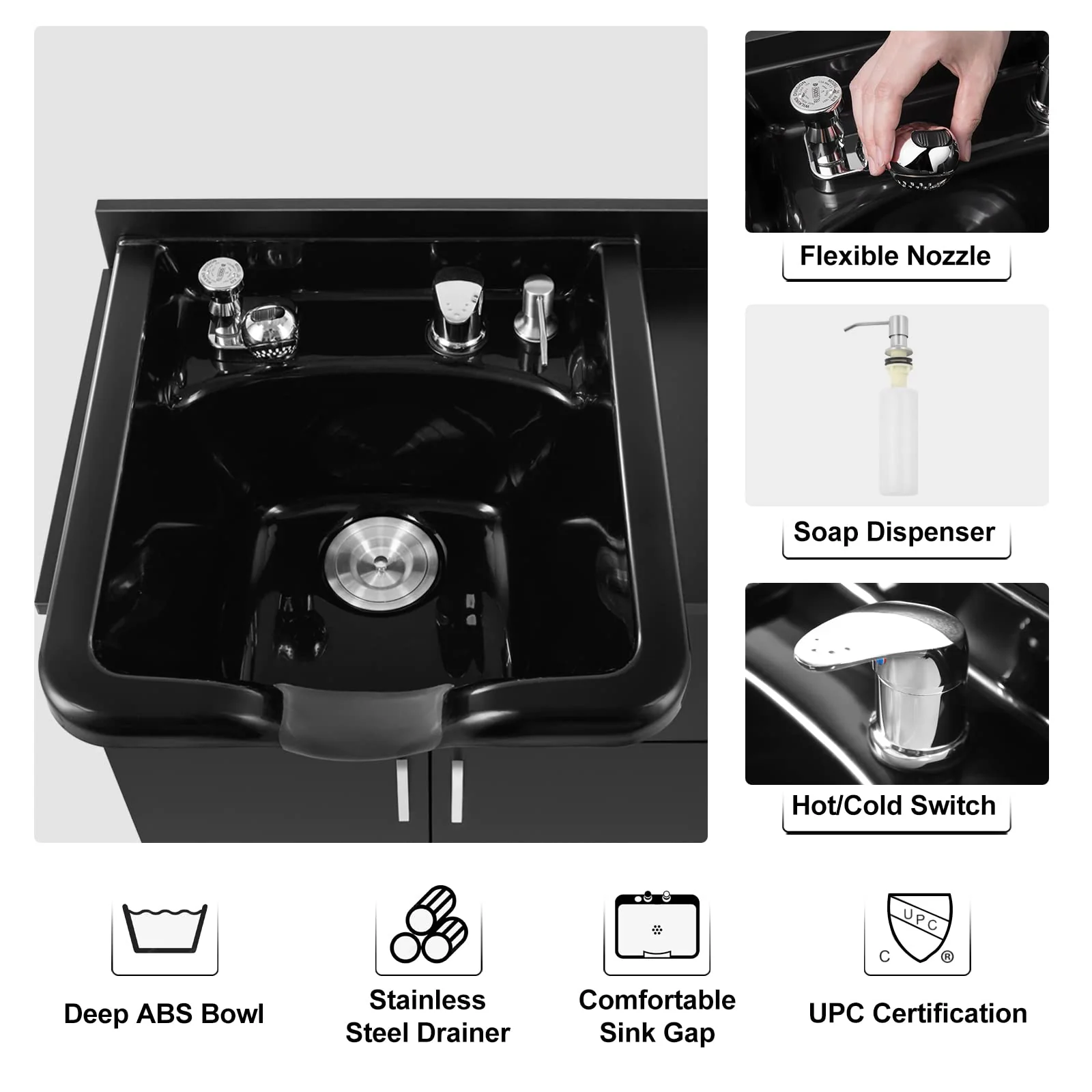Artist hand Shampoo Backwash Sink Station with Shampoo Bowl Shampoo Station, Backwash Sink Chair Spa Salon Beauty Equipment, Used with Barber Chair and Shampoo Chair(Black) - Image 4