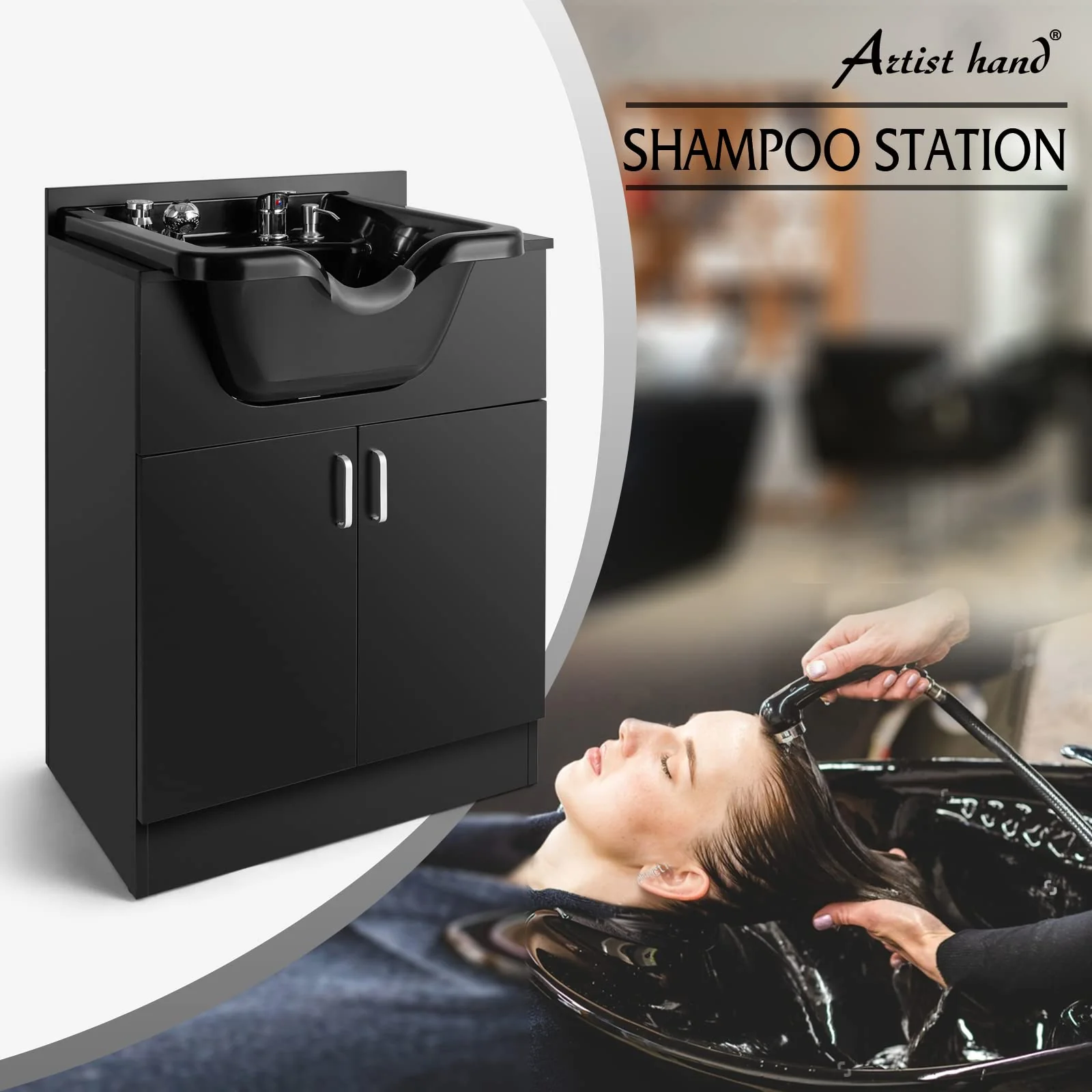 Artist hand Shampoo Backwash Sink Station with Shampoo Bowl Shampoo Station, Backwash Sink Chair Spa Salon Beauty Equipment, Used with Barber Chair and Shampoo Chair(Black) - Image 9
