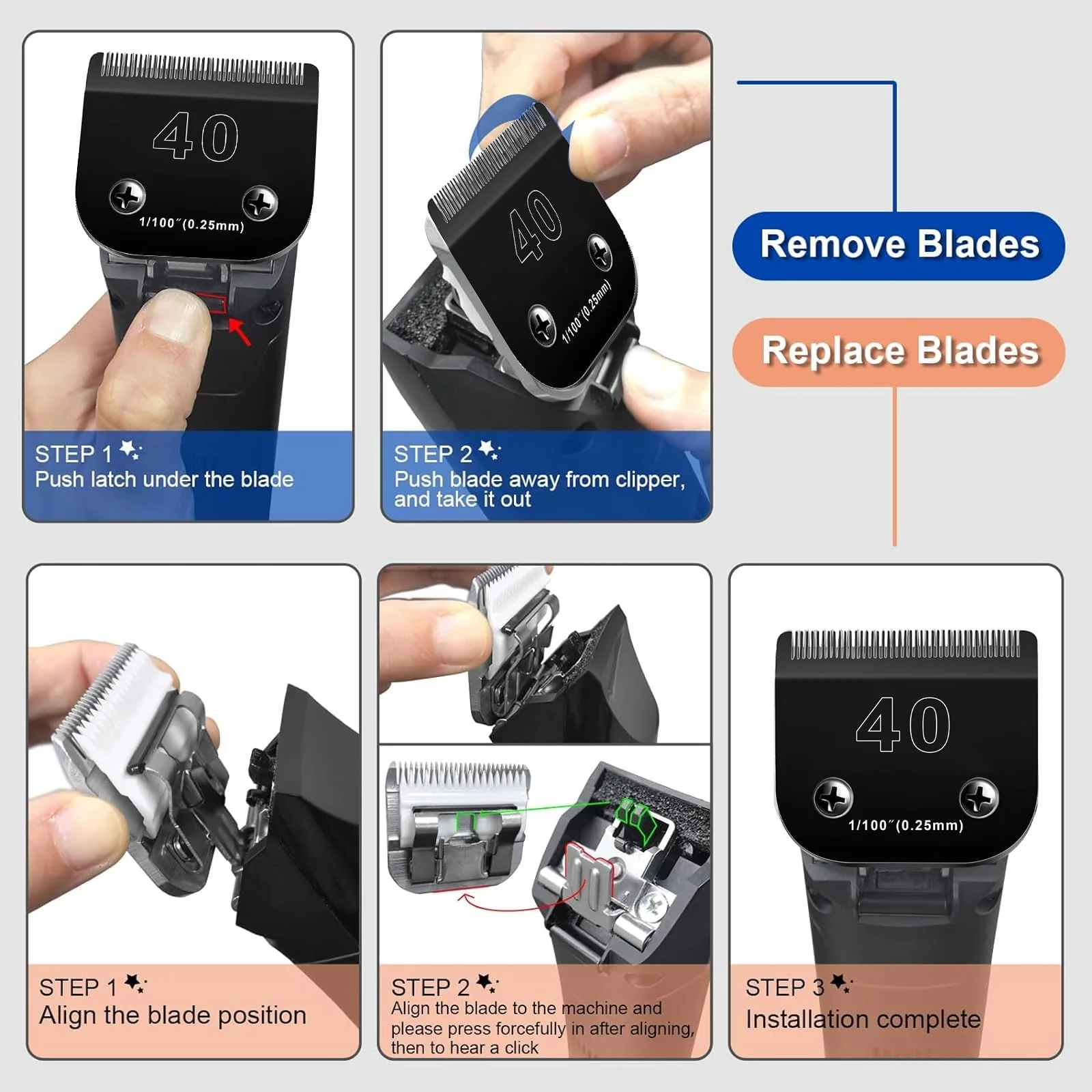 Audoc 6pcs Dog Grooming Replacement Blades Compatible with Andis/Oster A5/Wahl KM-10 Series Dog Clippers,Detachable Clipper Replacement Blade,Black (6PCS Black-#10+30+3FC+4FC+5FC+7FC) - Image 6